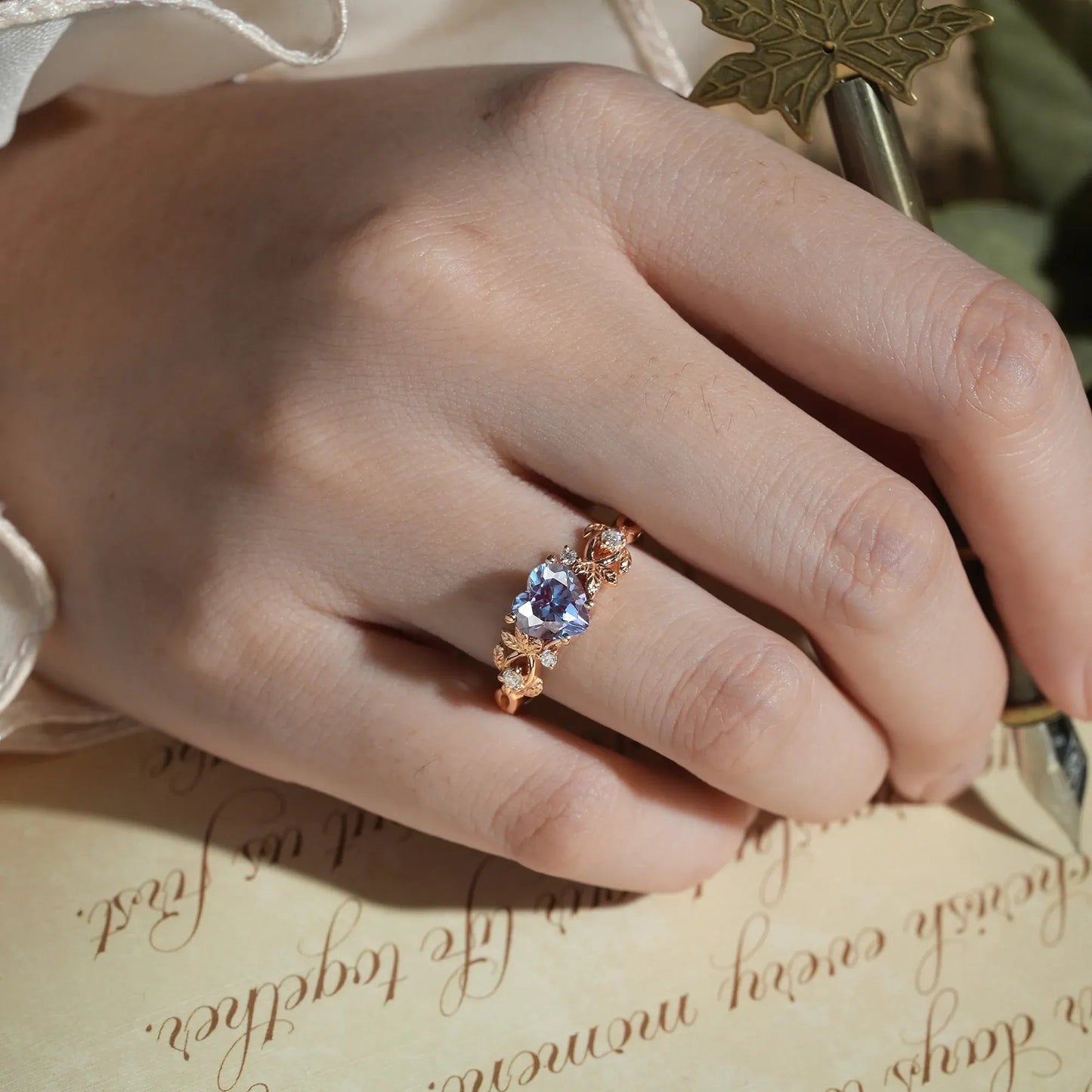 Gold Leaf - Inspired Heart Shaped Alexandrite Engagement Ring - Poppy - GemsMagic