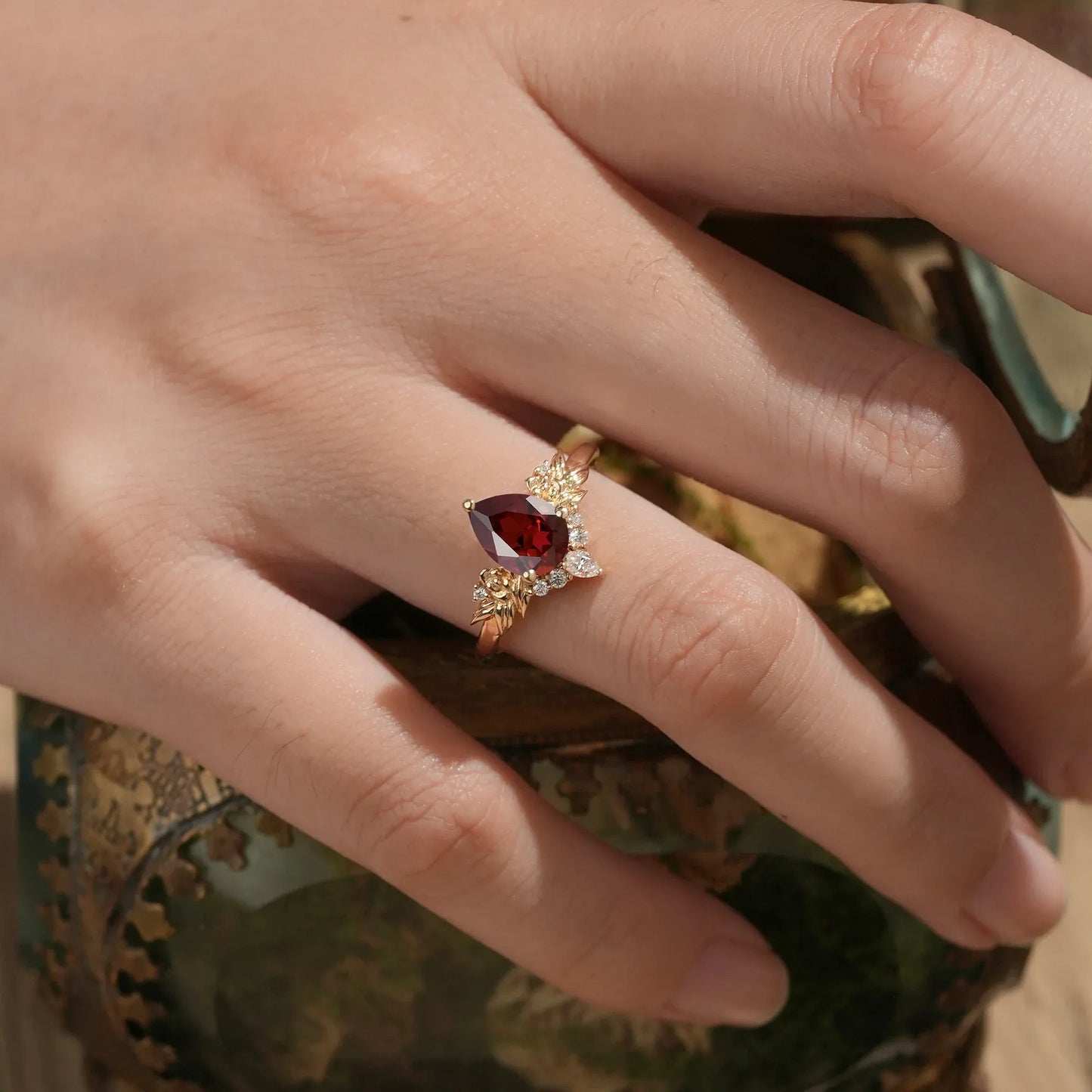 Golden Rose Elegance: Leaf - Inspired Ruby Ring - Aurelia - GemsMagic