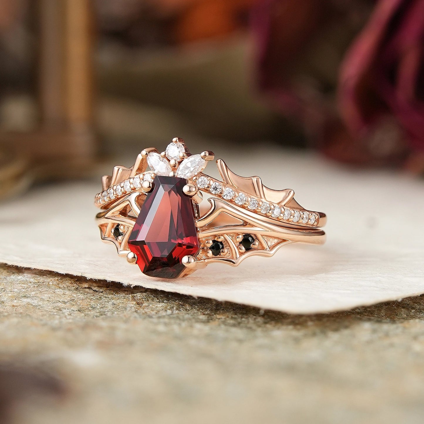 Gothic Coffin Cut Garnet And Black Onyx Bat Wing Inspired Bridal Ring Set - Morwenna - GemsMagic