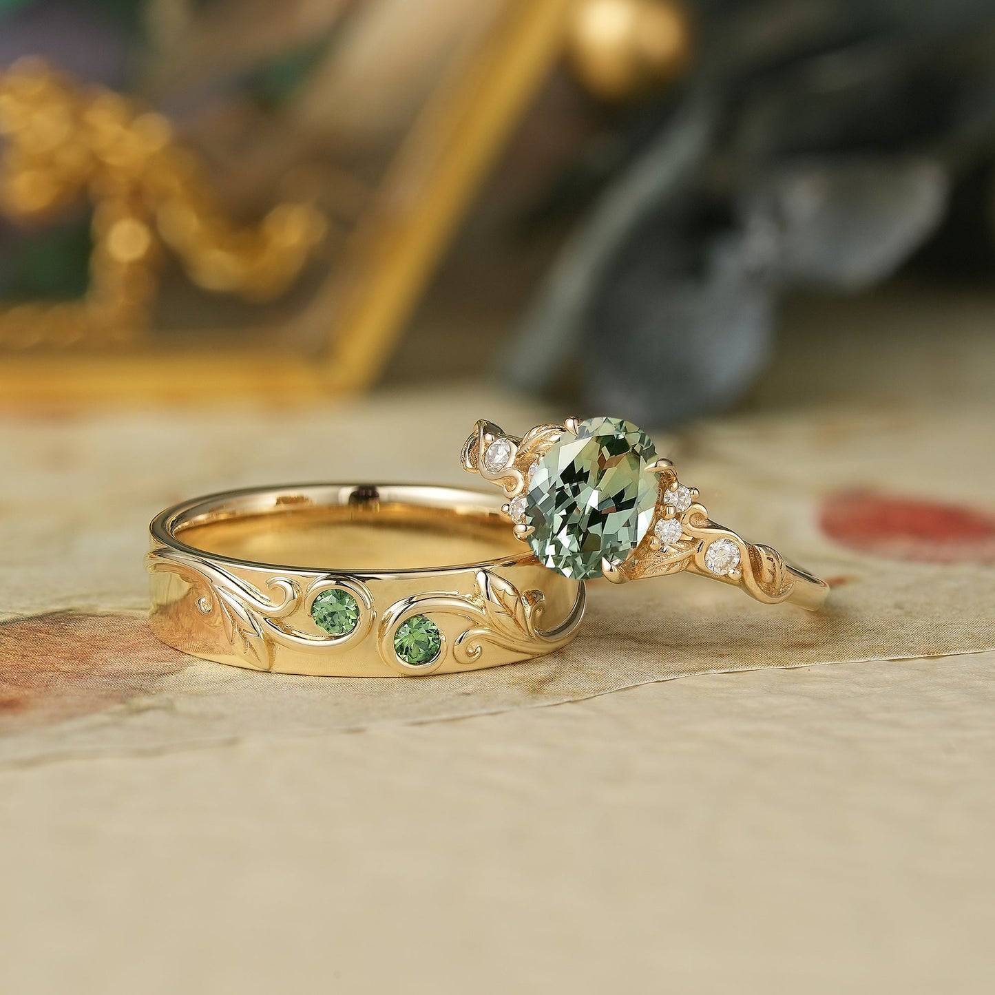 Green Sapphire Couple Ring Set - Tides of Us - GemsMagic
