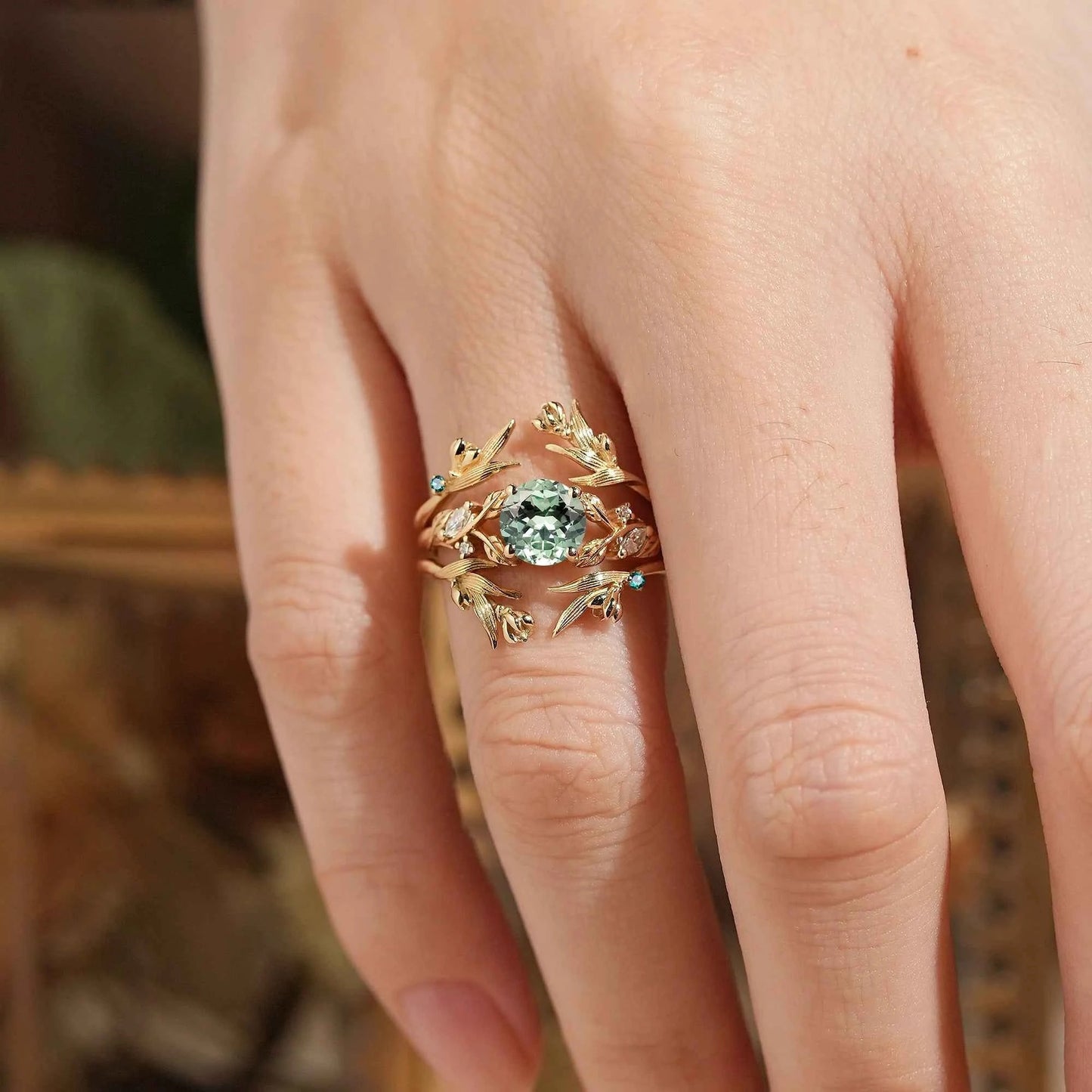 Green Sapphire Leaf And Flower Inspired Enhancer Bridal Ring Set - GemsMagic
