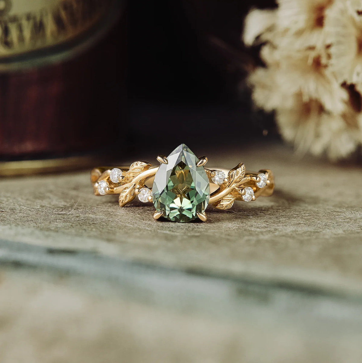 Green Sapphire Leaf Engagement Ring - GemsMagic - GemsMagic