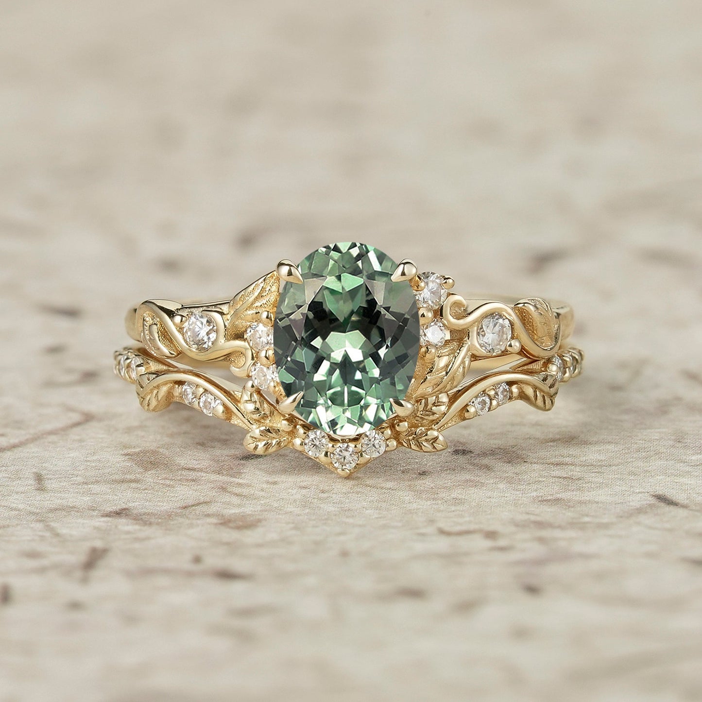 Green Sapphire Leafy Inspired Engagement Ring Set - Zenobia - GemsMagic