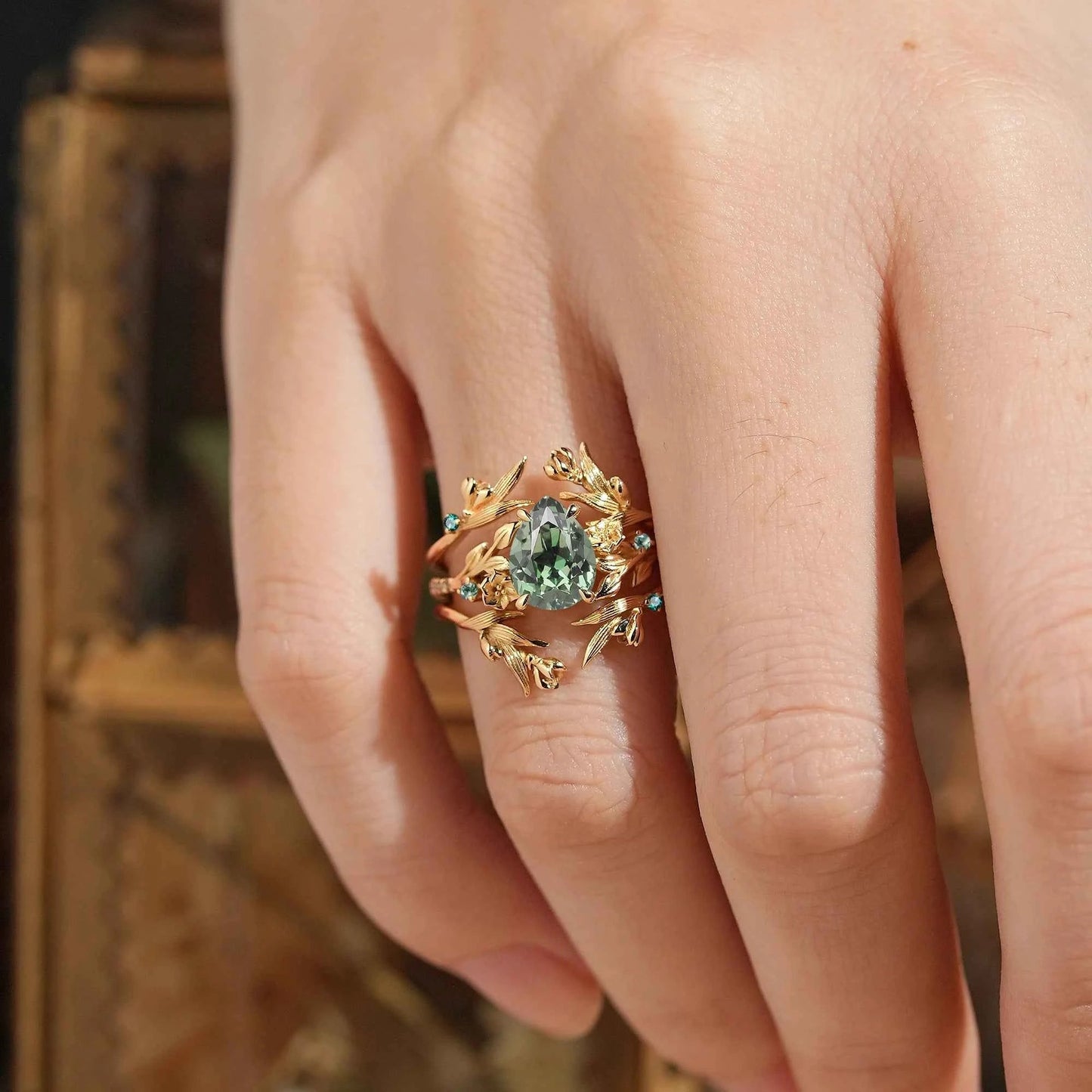 Green Sapphire Nature Inspired Ring Enhancer Bridal Ring Set - GemsMagic