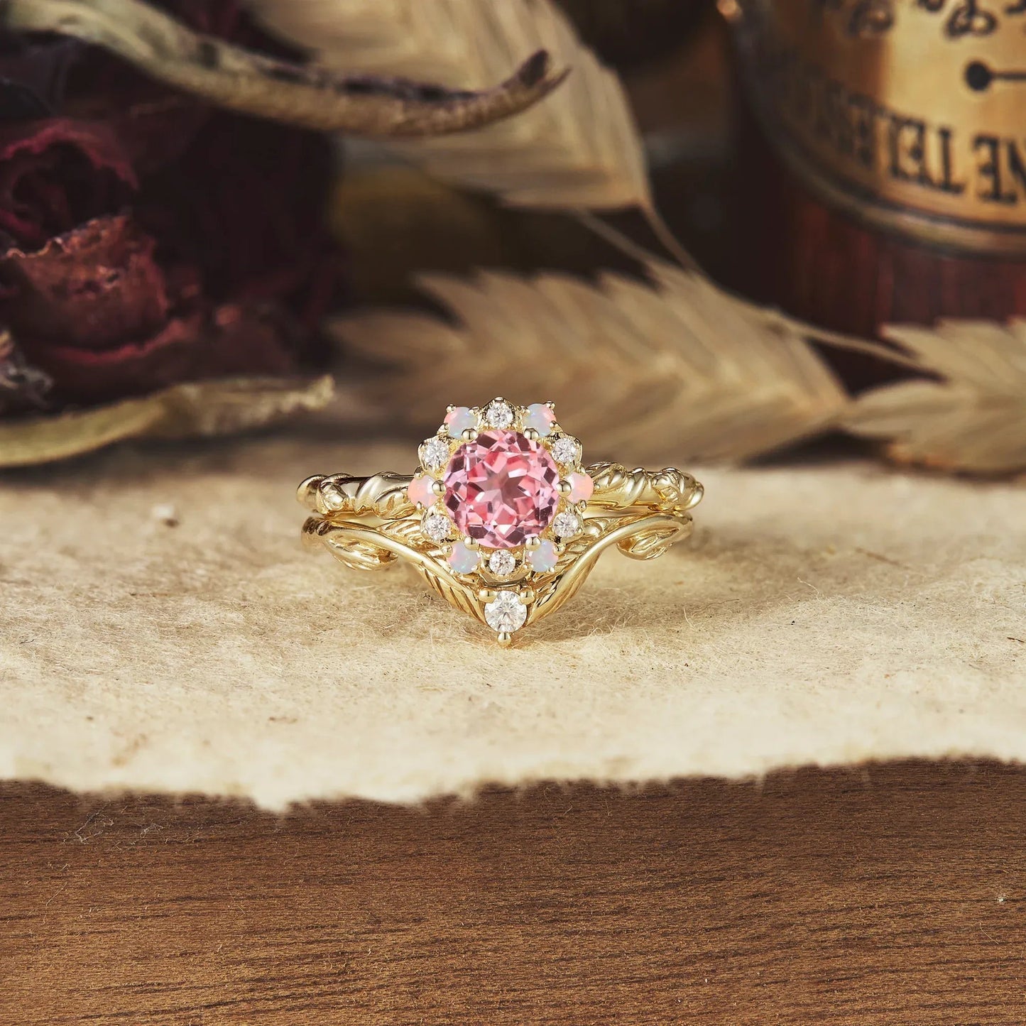 Halo Pink Padparadscha Ring Set - Abby - GemsMagic