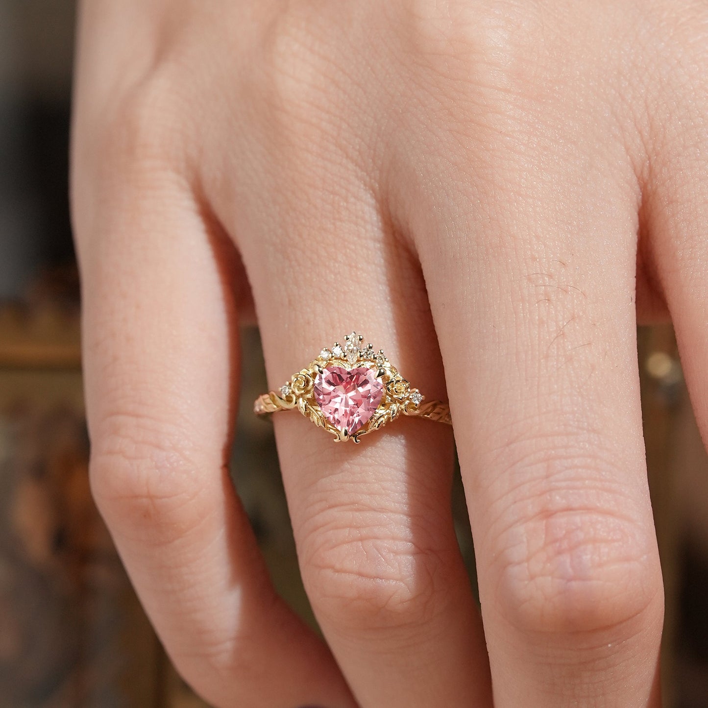 Heart Cut Pink Padparadscha Sapphire Flower Inspired Engagement Ring - Larissa - GemsMagic