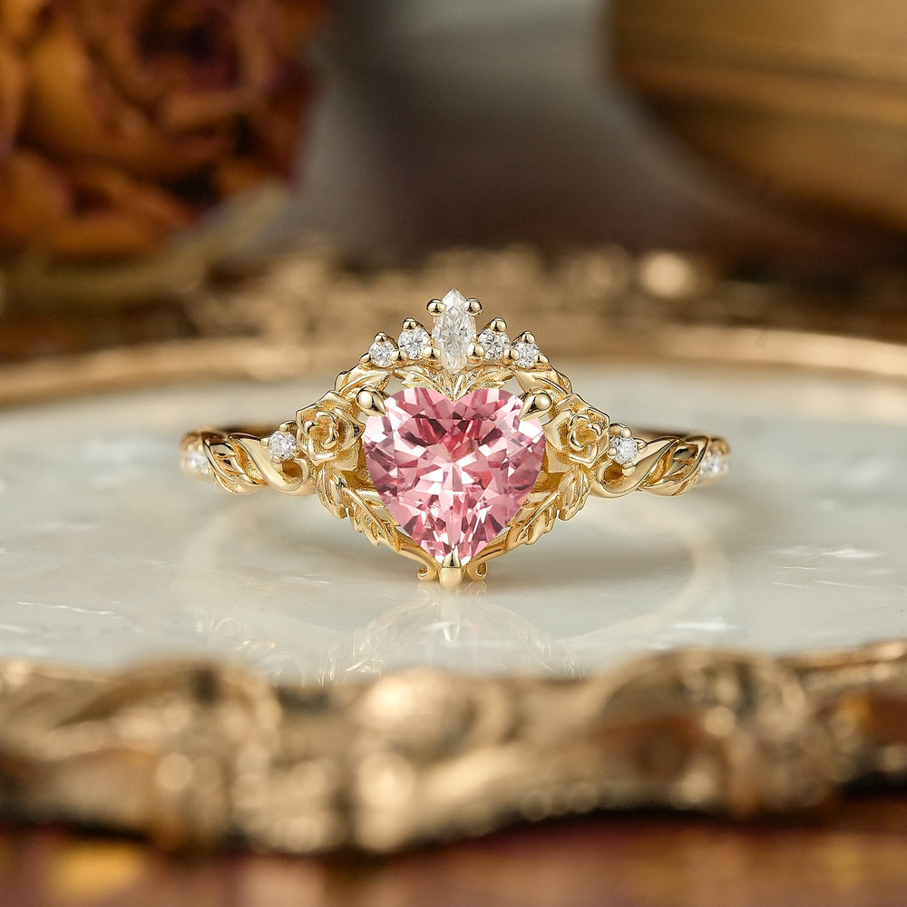 Heart Cut Pink Padparadscha Sapphire Flower Inspired Engagement Ring - Larissa