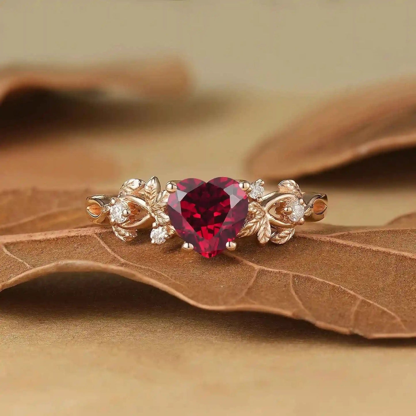 Heart Cut Ruby Leaf Inspired Engagement Ring - Poppy - GemsMagic