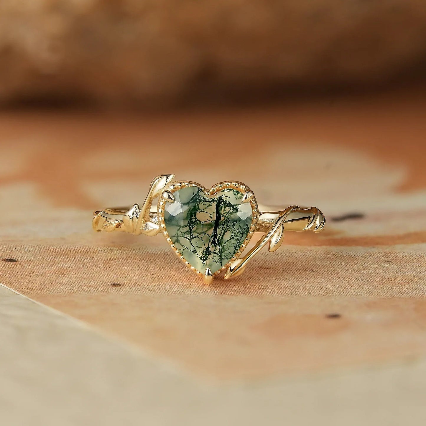 Heart Moss Agate Natural Inspired Leaf Engagement Ring - Faith - GemsMagic - GemsMagic