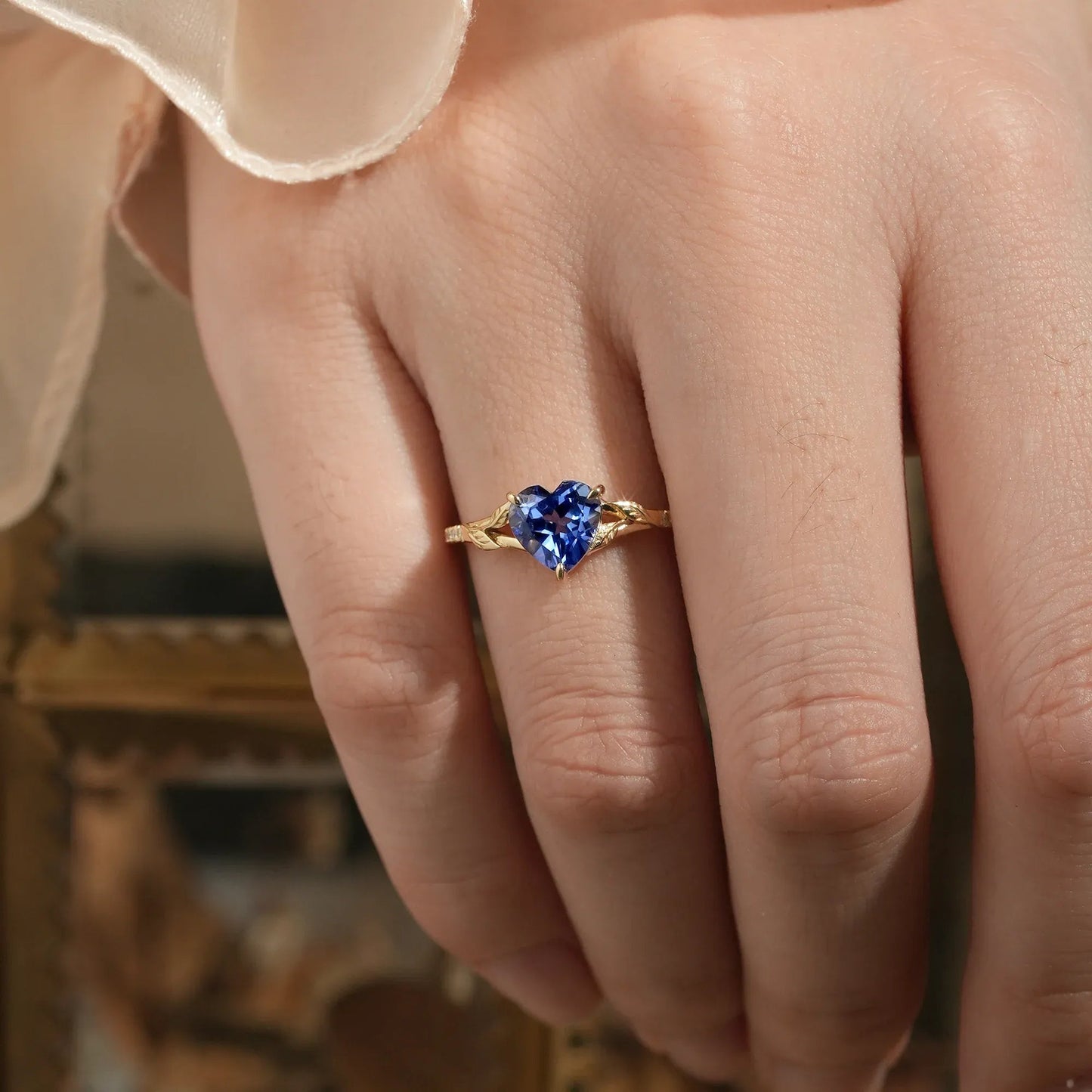 Heart Sapphire Half Eternity Leaf Engagement Ring - Florence - GemsMagic - GemsMagic