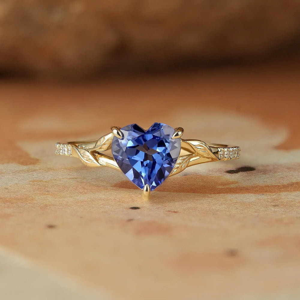 Heart Sapphire Half Eternity Leaf Engagement Ring - Florence - GemsMagic