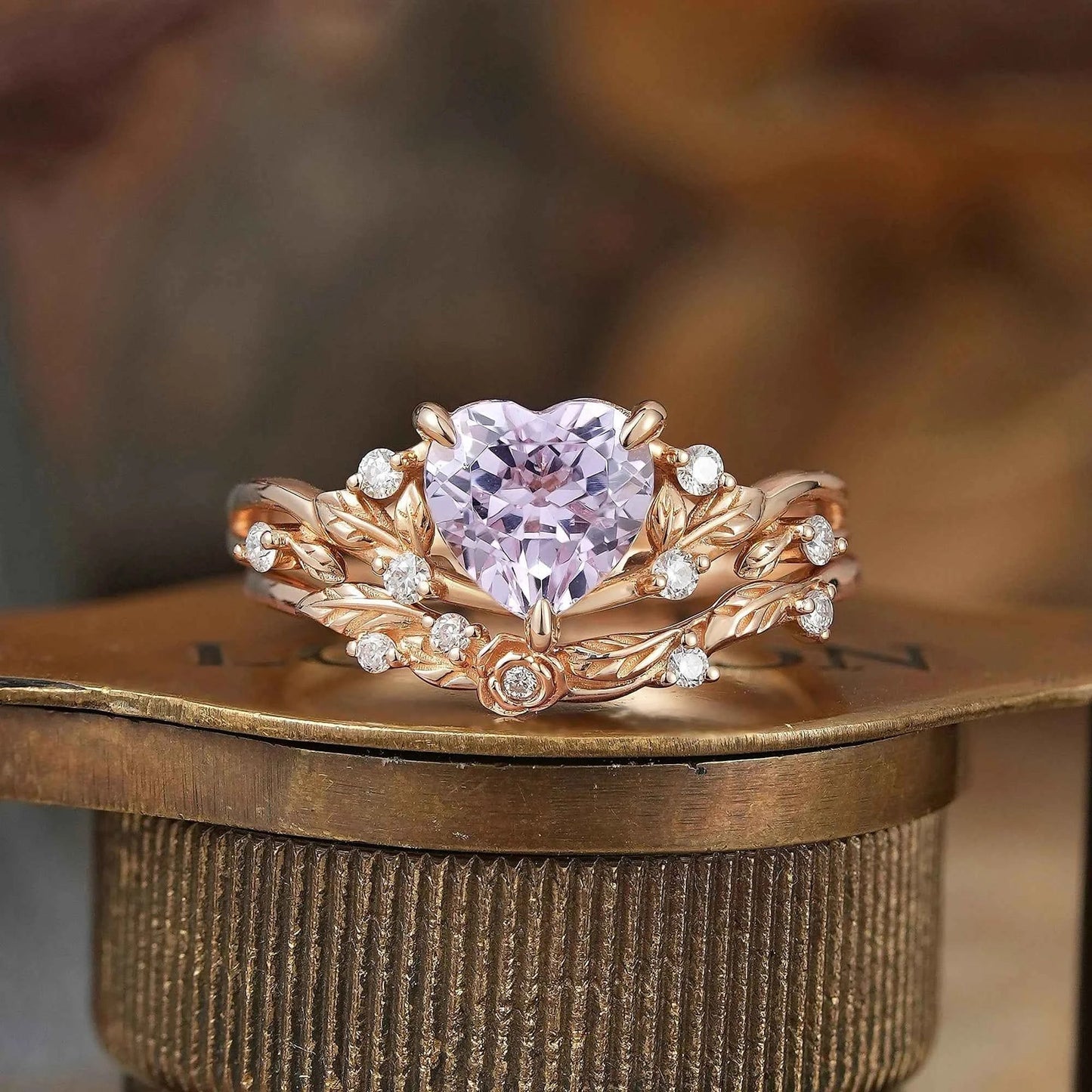 Heart - Shaped Lavender Sapphire Nature Inspired with Elegant Leaf Design Bridal Ring Set - GemsMagic