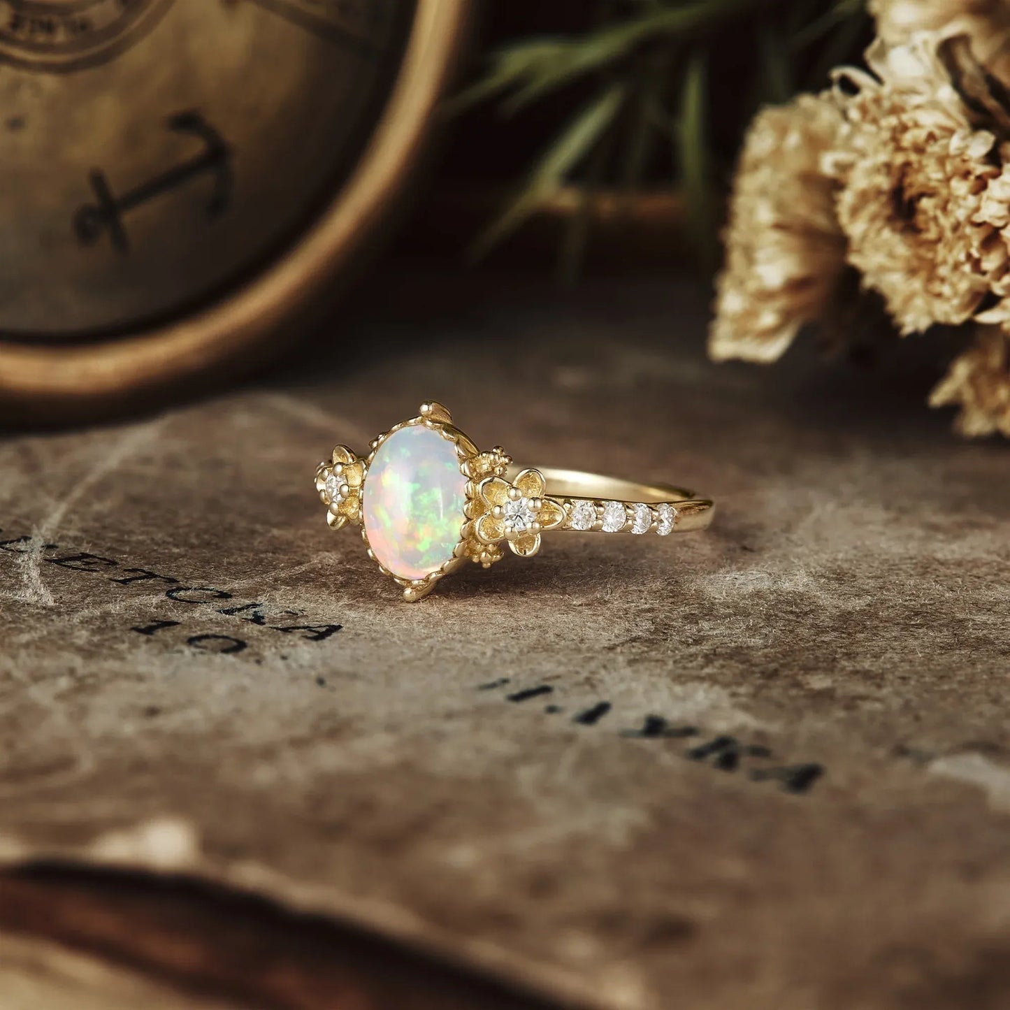 Hera's Opal Garden: A Floral and Leafy Ring - GemsMagic