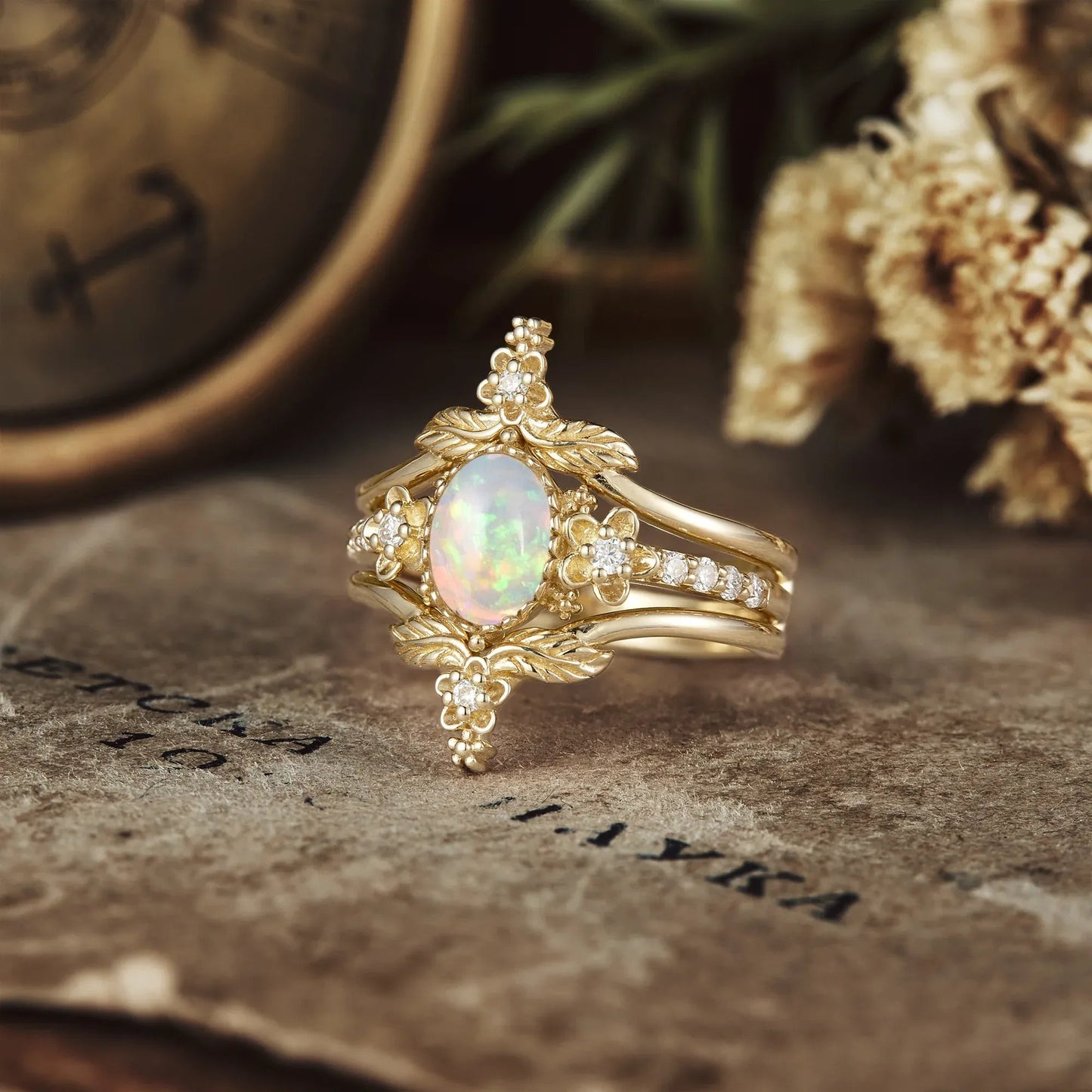 Hera's Opal Garden: A Floral and Leafy Ring Set - GemsMagic