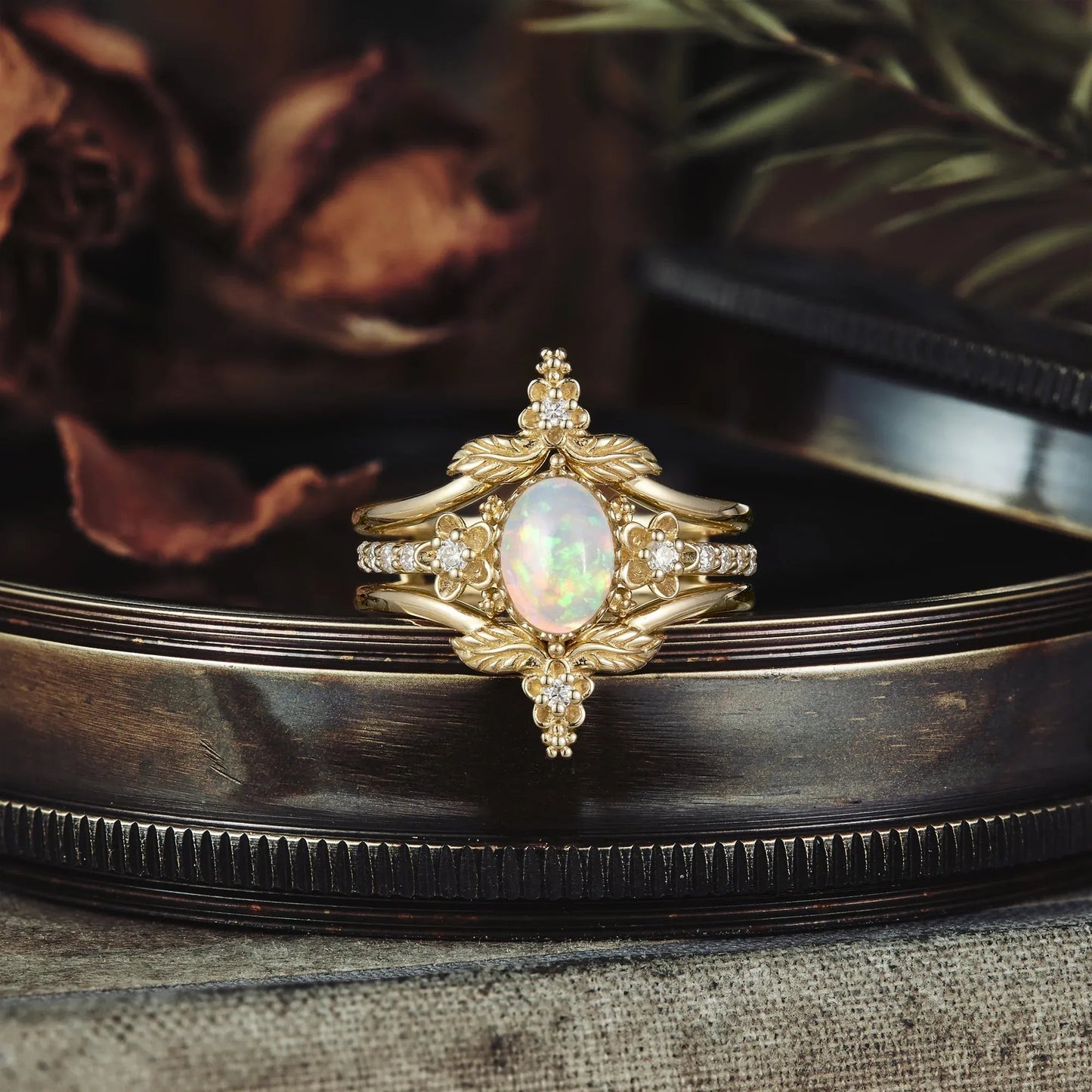Hera's Opal Garden: A Floral and Leafy Ring Set - GemsMagic