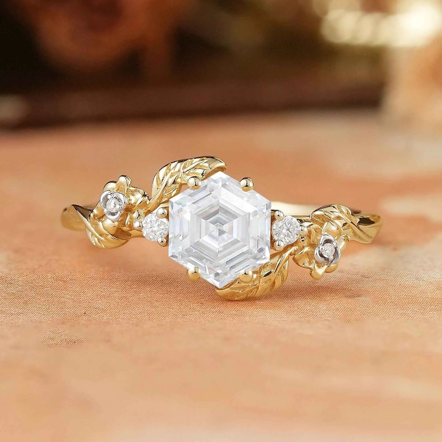 Hexagon Moissanite Mixed Metal Nature Inspired Engagement Ring - GemsMagic