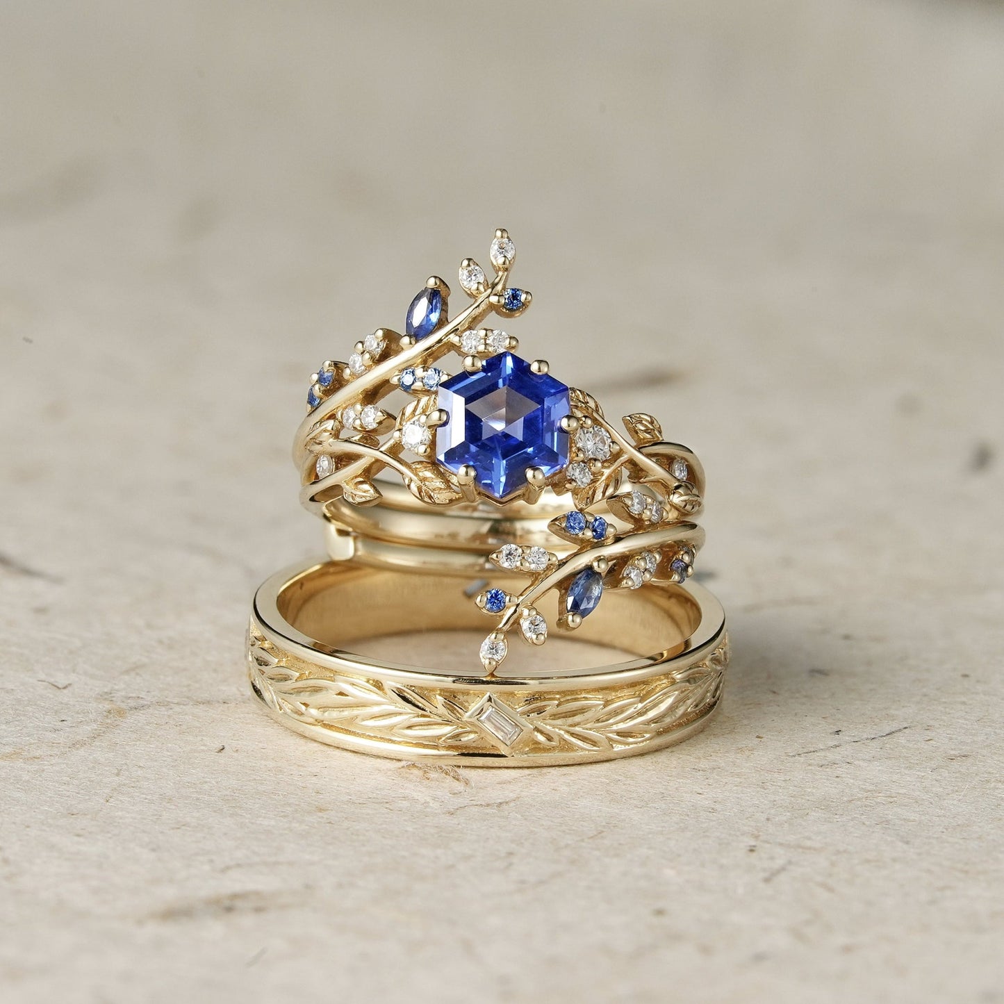 Hexagon Sapphire Vine Ring and Baguette cut moissanite Men's Band - Cherished Moments - GemsMagic