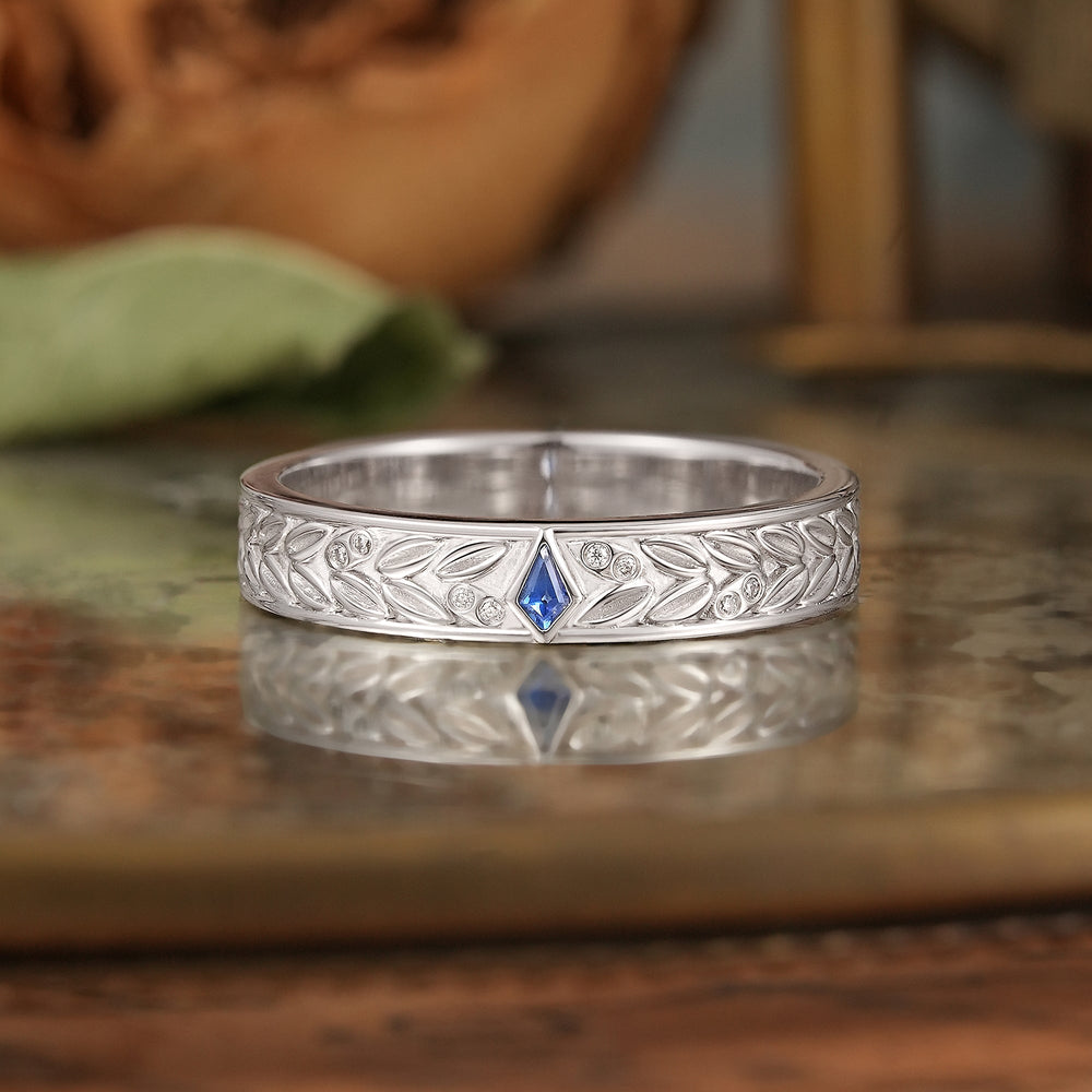 Kite Cut Cornflower Sapphire Leaf Inspired Solid Gold Men's Ring - Andrew