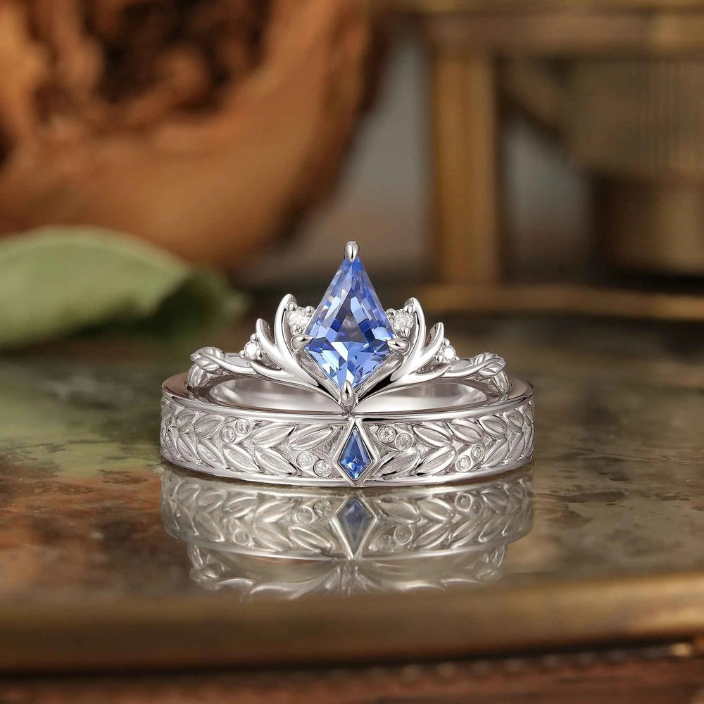 Kite Cut Cornflower Sappire Stag And Leaf Inspired Couple Wedding Ring Set - Aubrey & Andrew