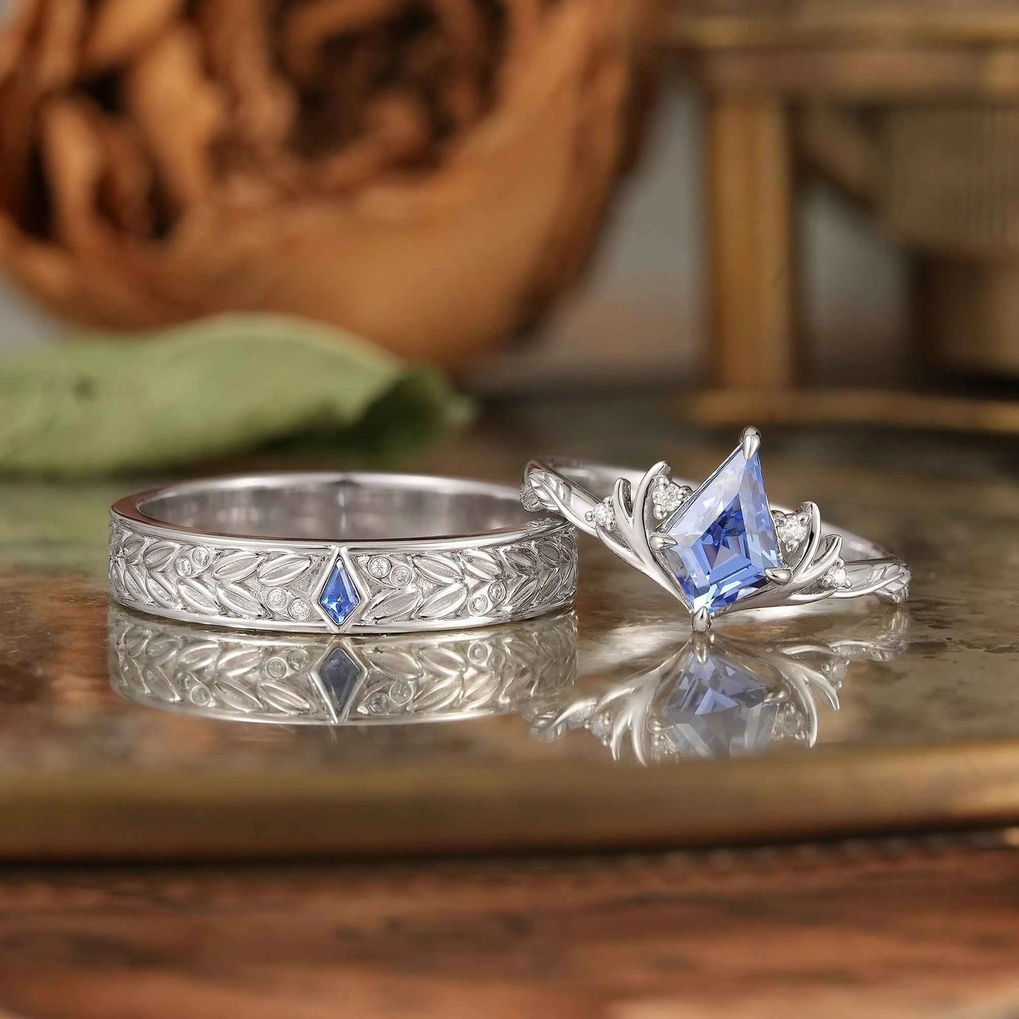 Kite Cut Cornflower Sappire Stag And Leaf Inspired Couple Wedding Ring Set - Aubrey & Andrew - GemsMagic