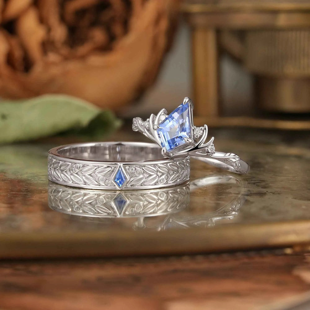 Kite Cut Cornflower Sappire Stag And Leaf Inspired Couple Wedding Ring Set - Aubrey & Andrew - GemsMagic