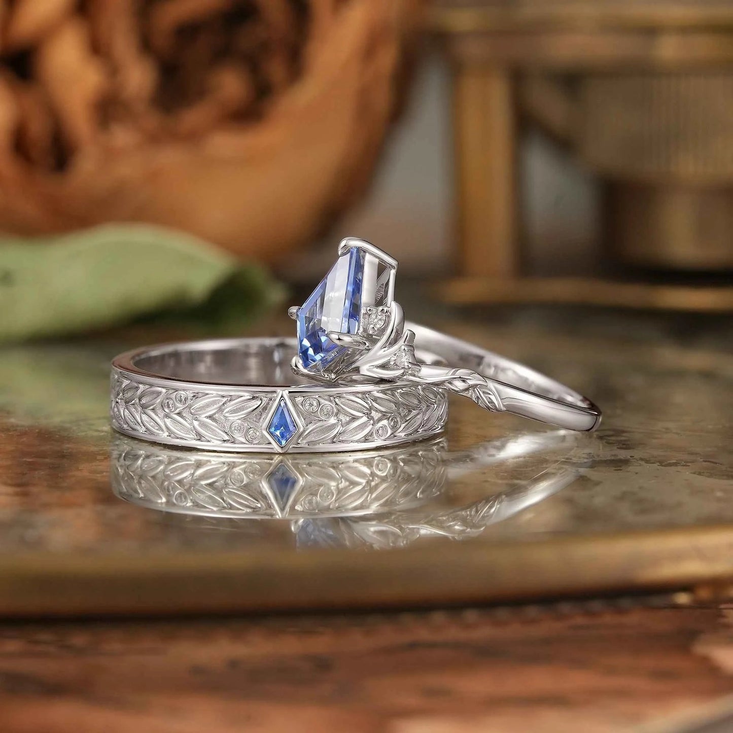 Kite Cut Cornflower Sappire Stag And Leaf Inspired Couple Wedding Ring Set - Aubrey & Andrew - GemsMagic