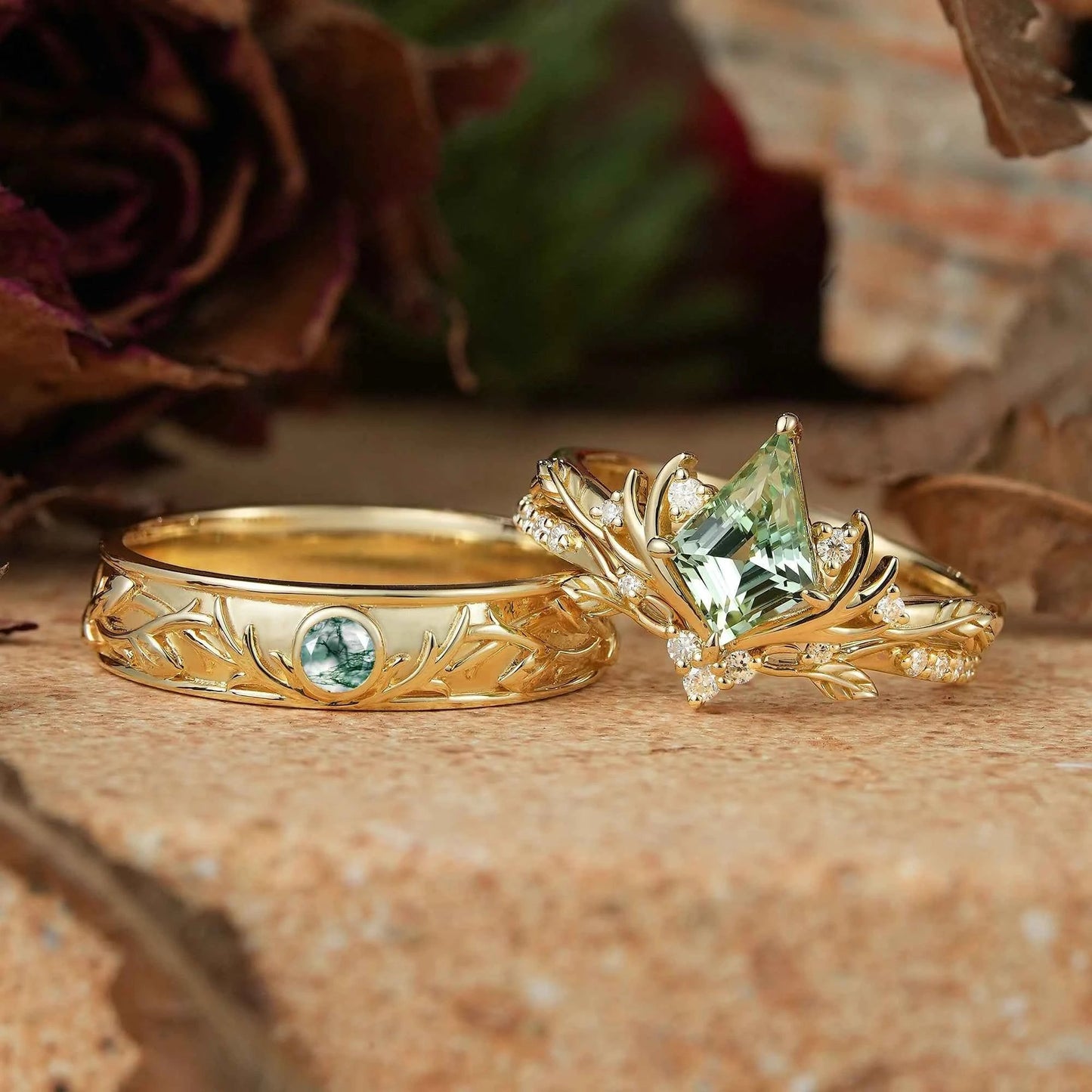 Kite Cut Green Sapphire Bridal Ring Set And Moss Agate Men's Ring Stag Inspired Couple Ring Set - GemsMagic