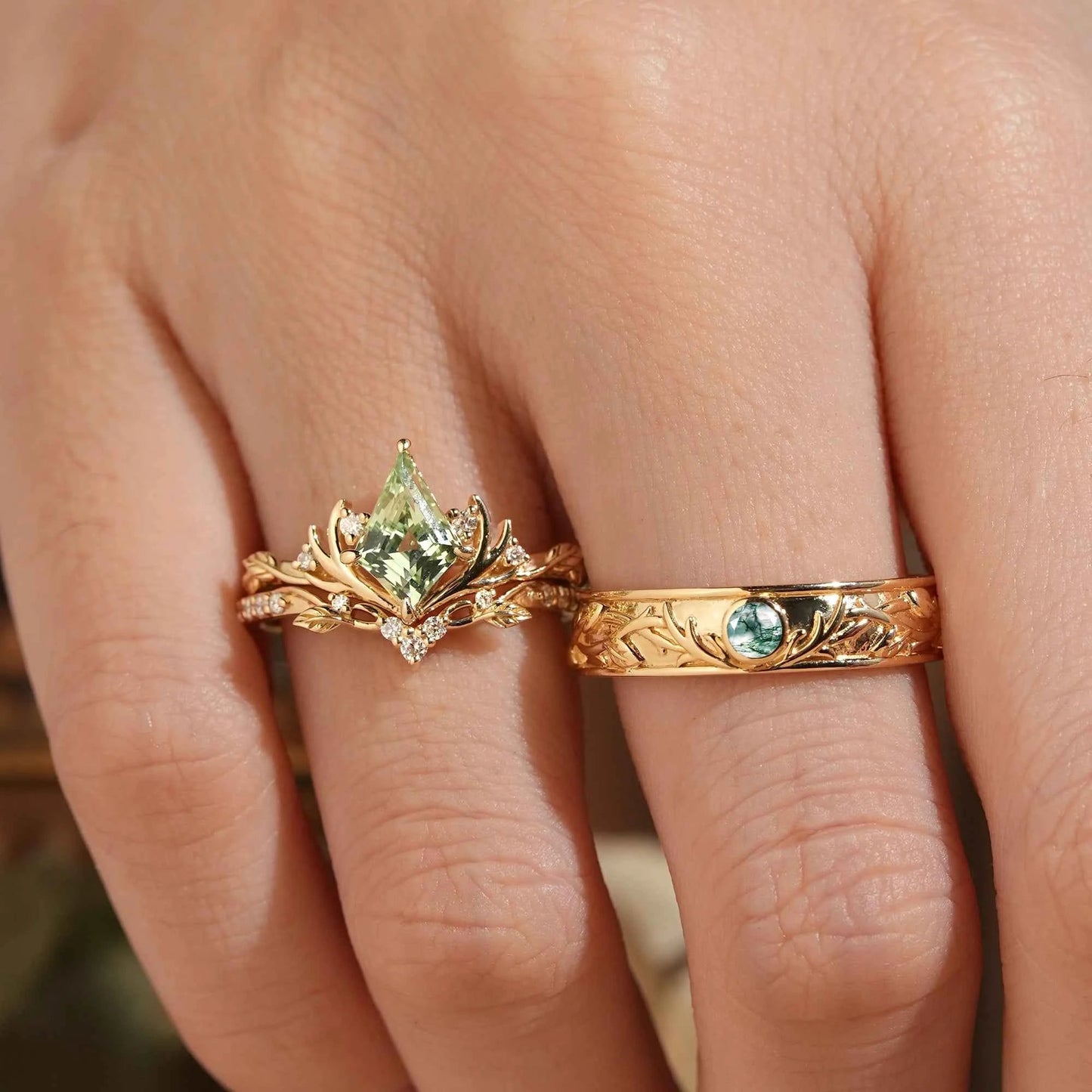 Kite Cut Green Sapphire Bridal Ring Set And Moss Agate Men's Ring Stag Inspired Couple Ring Set - GemsMagic
