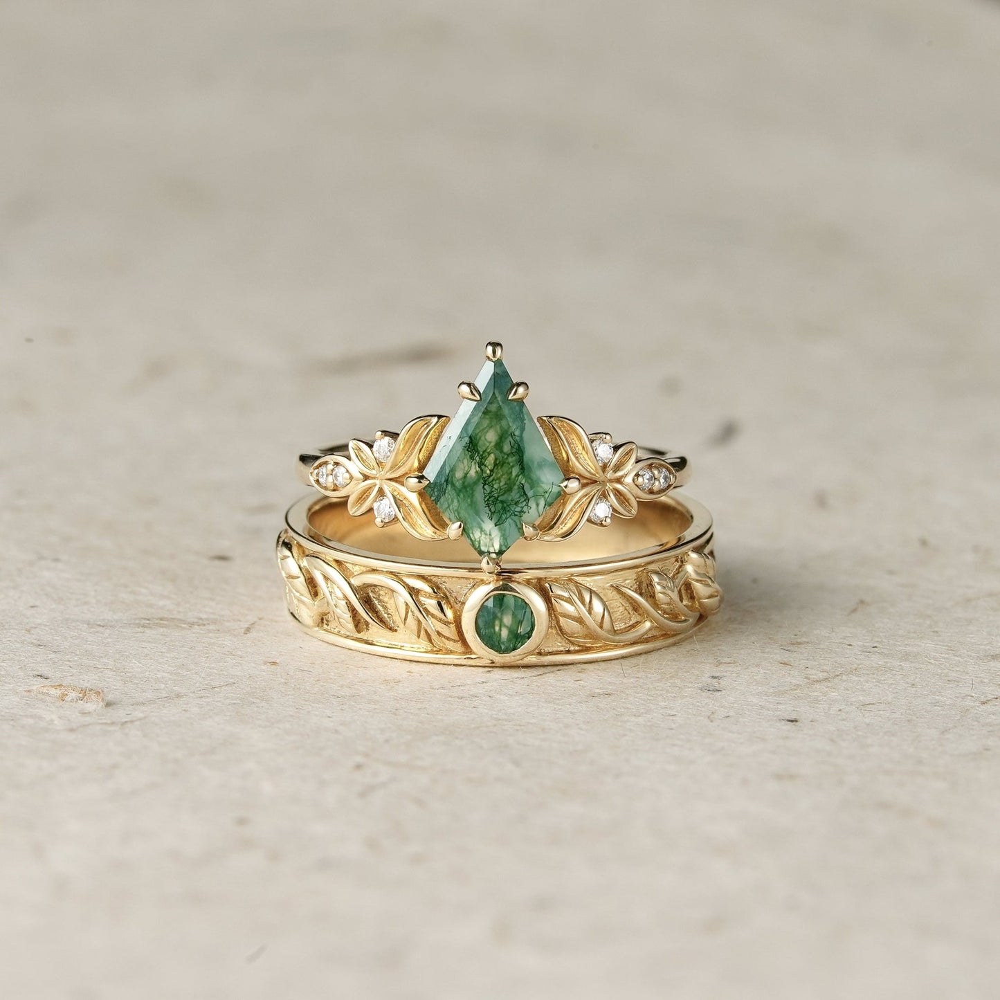 Kite Cut Moss Agate Leaf Couple Rings - Endless Devotion - GemsMagic