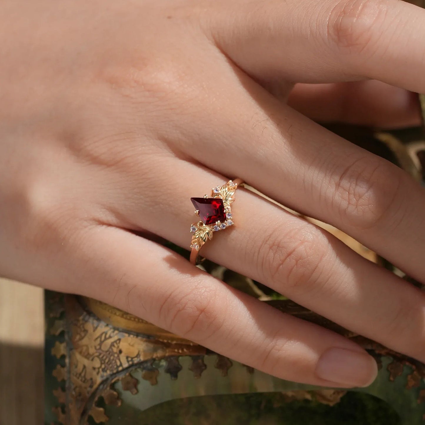 Kite Cut Ruby Engagement Ring with Moonstone Side Stone Leaf Design - Brielle - GemsMagic