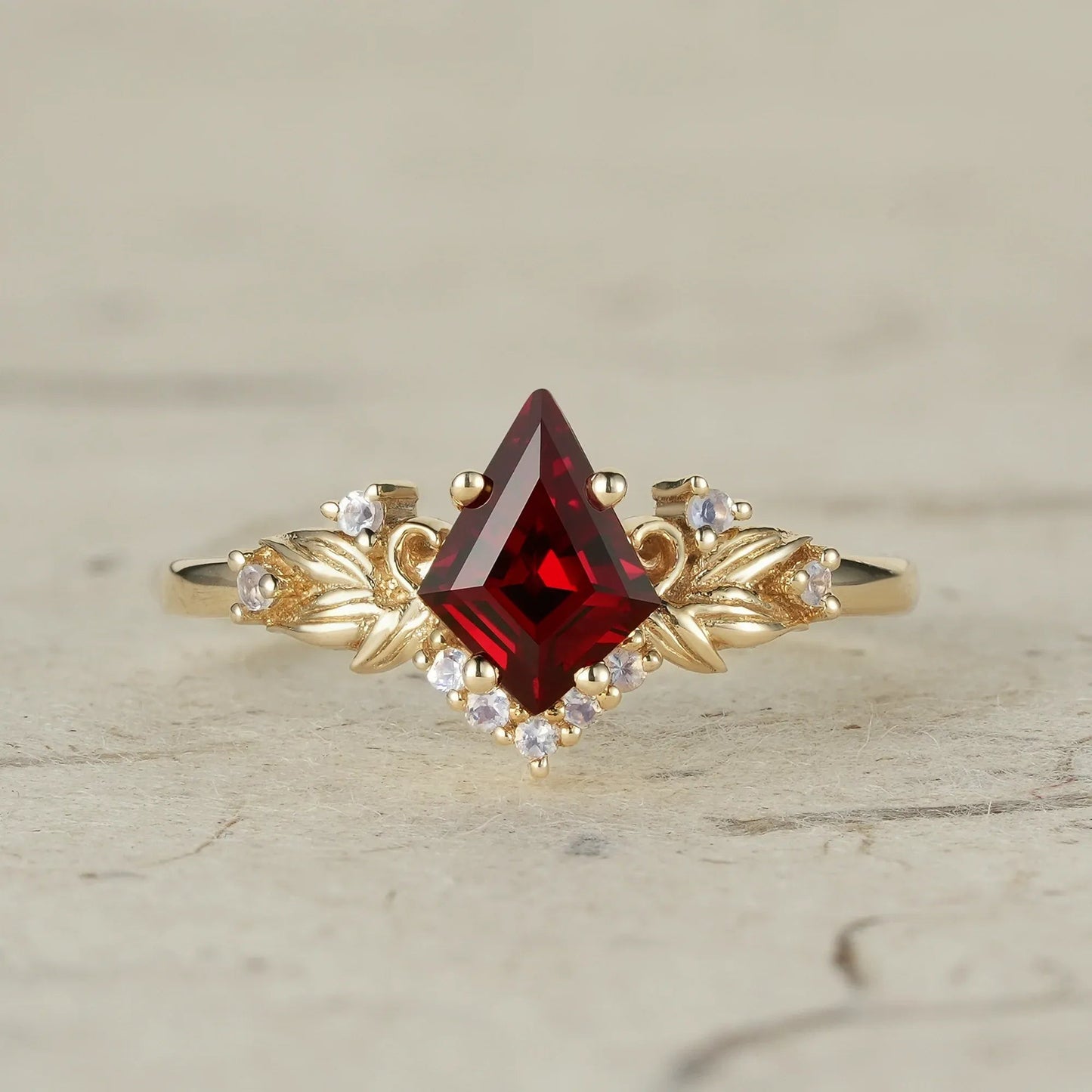 Kite Cut Ruby Engagement Ring with Moonstone Side Stone Leaf Design - Brielle - GemsMagic