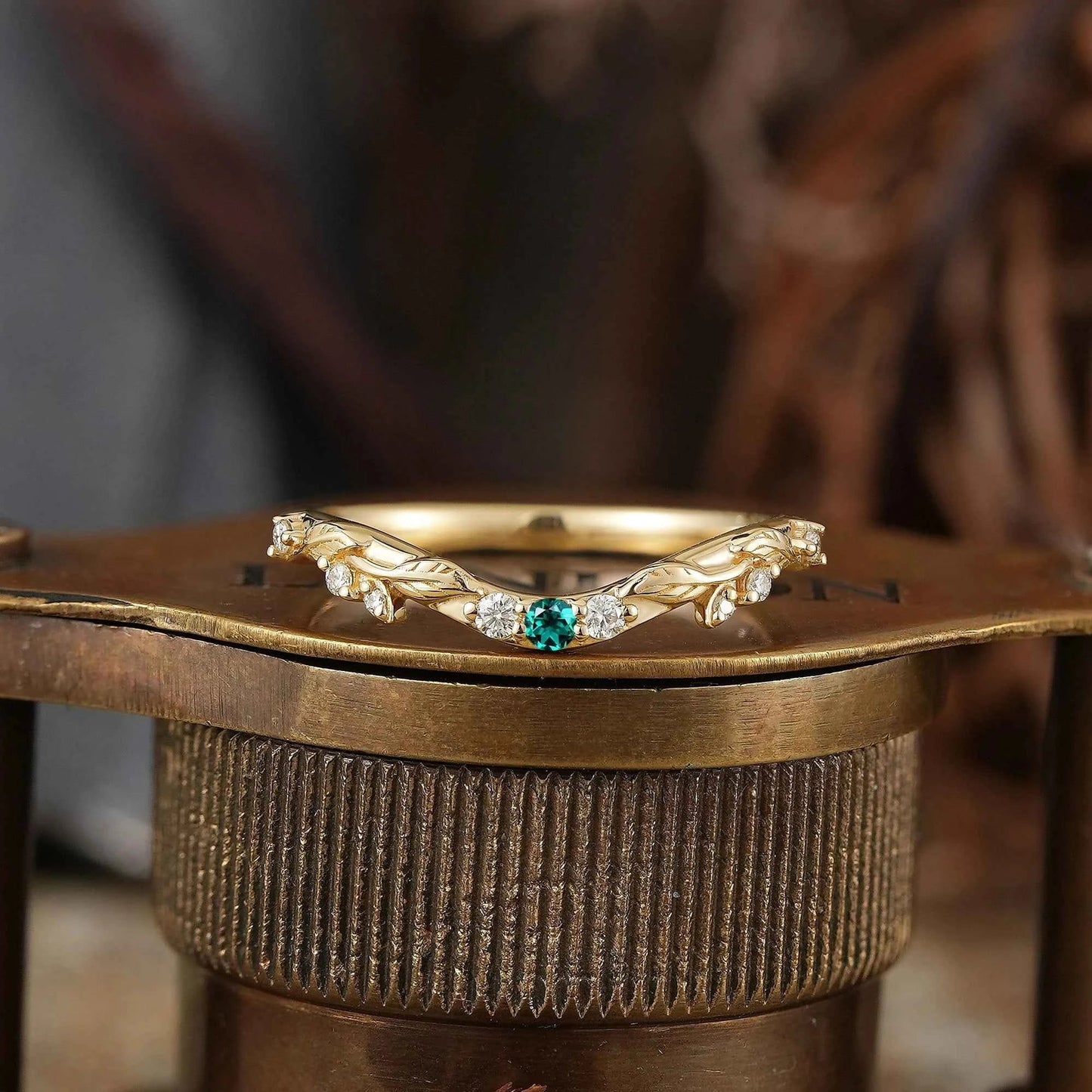 Lab Emerald Wedding Band Leaf Inspired Curved Wedding Ring - GemsMagic