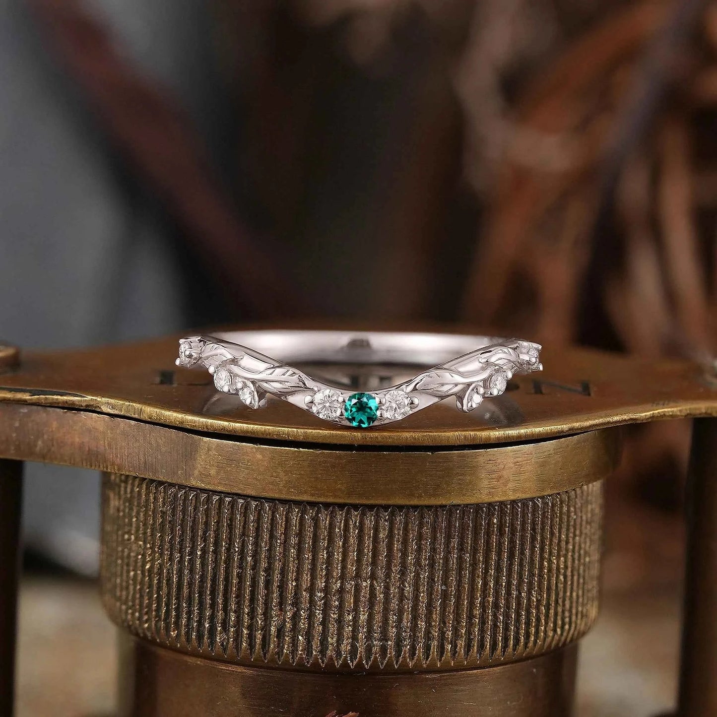 Lab Emerald Wedding Band Leaf Inspired Curved Wedding Ring - GemsMagic