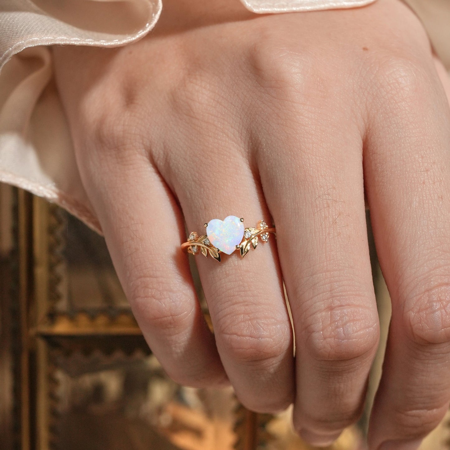 Laurel Leaf Inspired Heart Shaped Opal Engagement Ring - Iris - GemsMagic