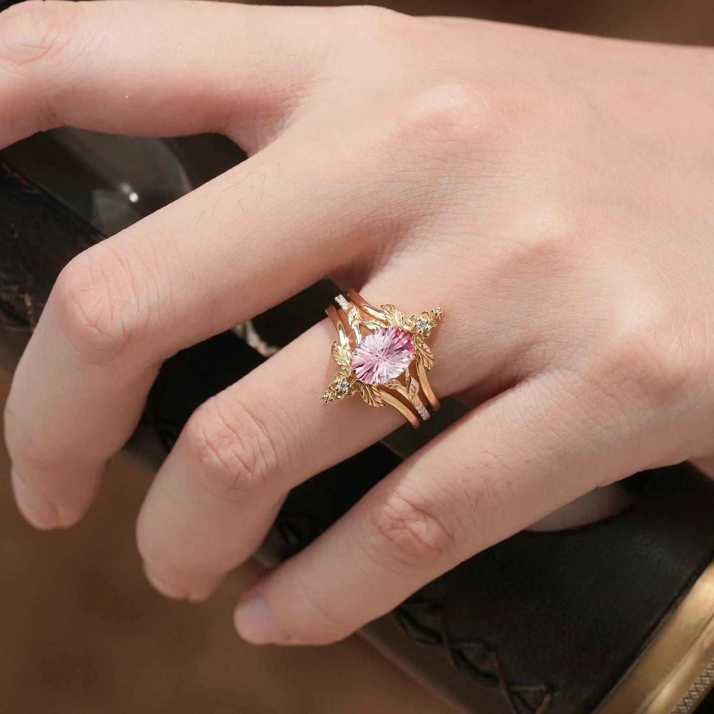 Leaf and Flower Elegance: Sparkle Cut Padparadscha Ring Set - Ameli - GemsMagic