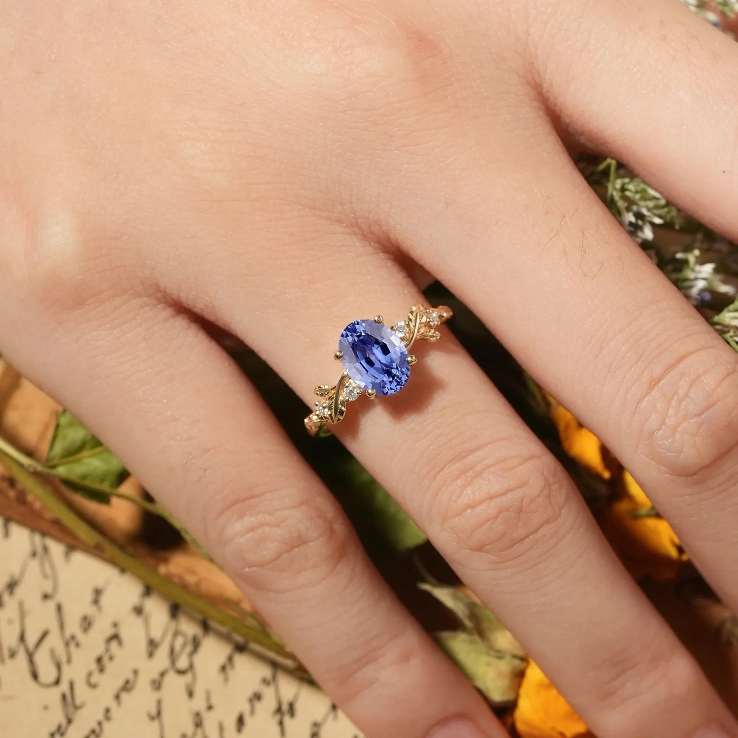 Leaf Inspired Cornflower Sapphire Engagement Ring - Cecilia - GemsMagic