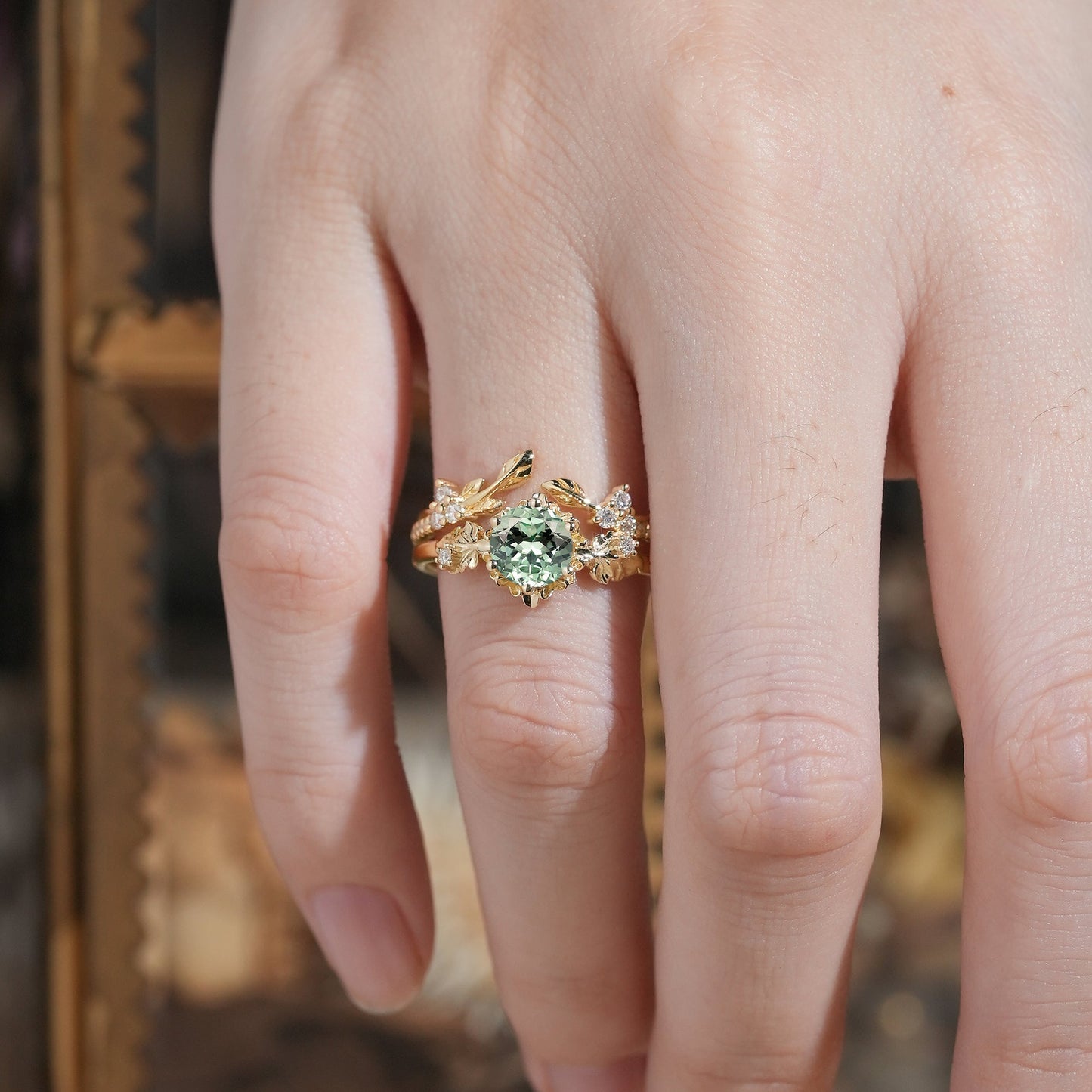 Leaf Inspired Green Sapphire Bridal Set 2pcs - Zora - GemsMagic