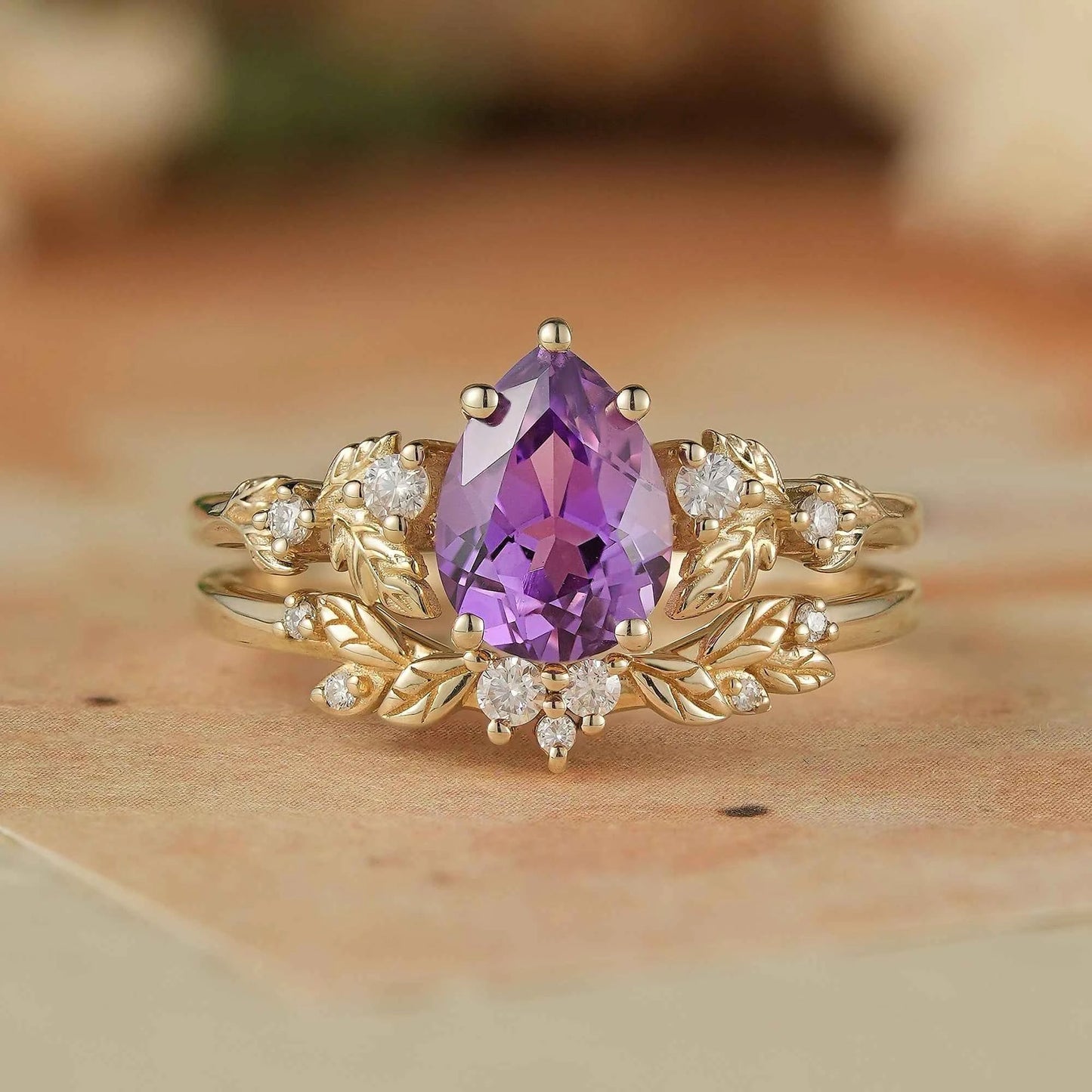 leafy Inspired Purple Sapphire & Moissanite Ring Set - Thalia - GemsMagic