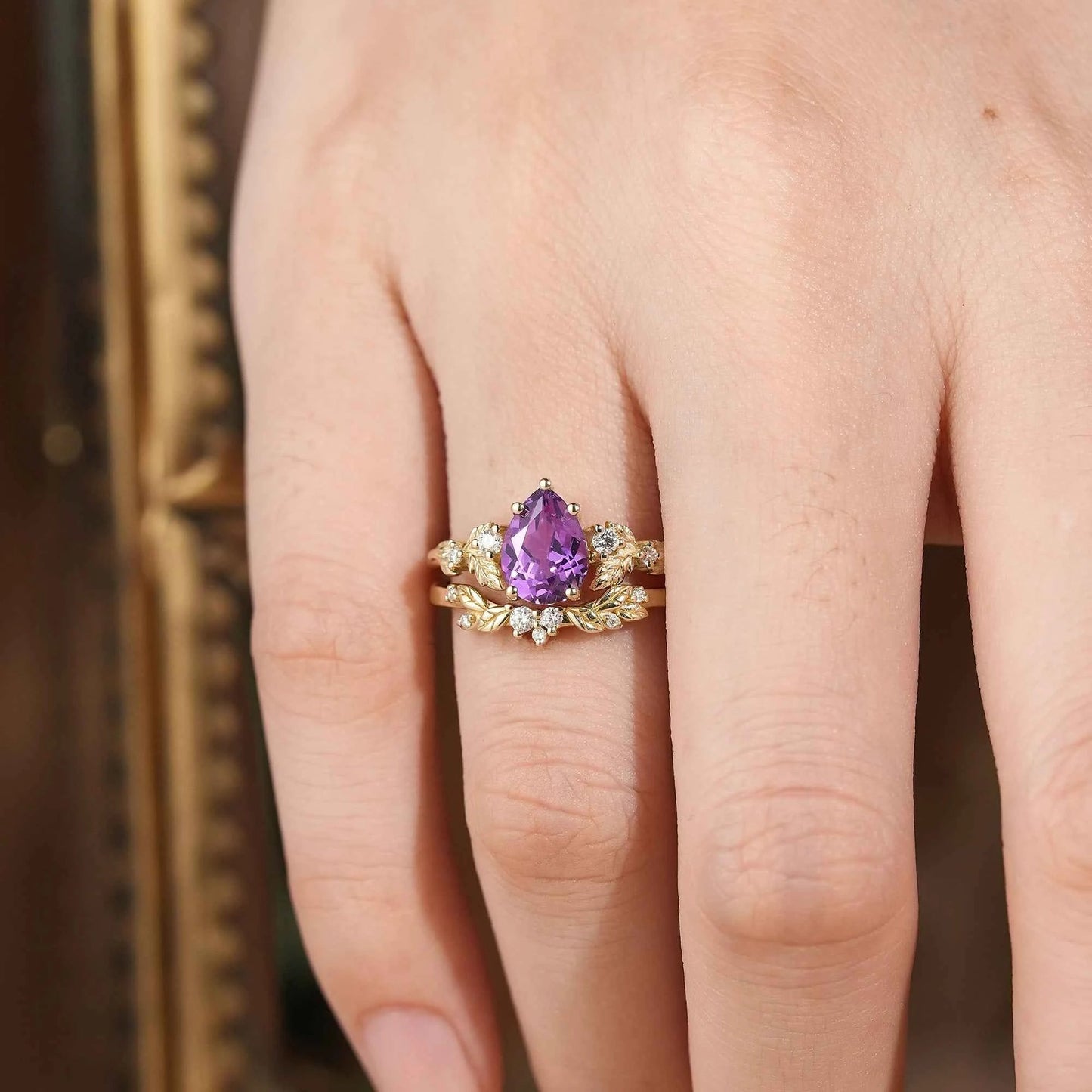 leafy Inspired Purple Sapphire & Moissanite Ring Set - Thalia - GemsMagic