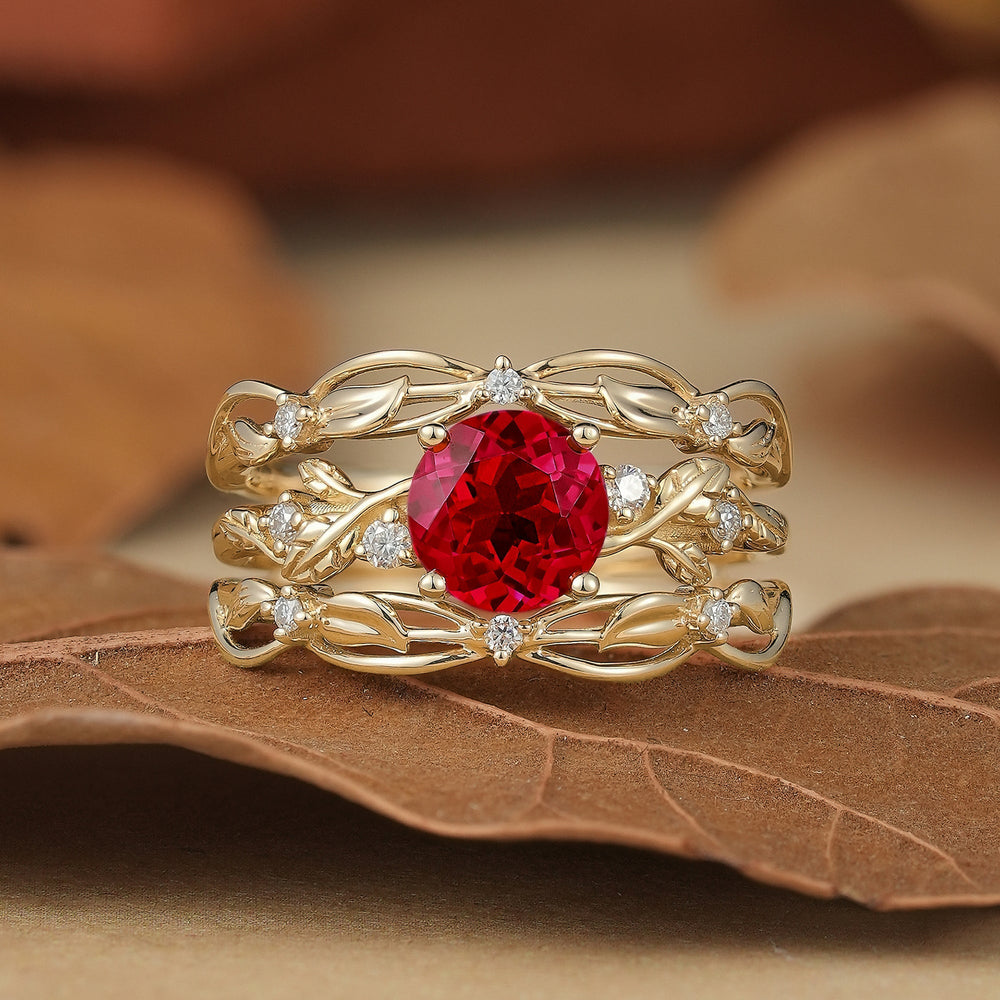Leafy Inspired Ruby & Moissanite Enhancer Ring Set-Rue