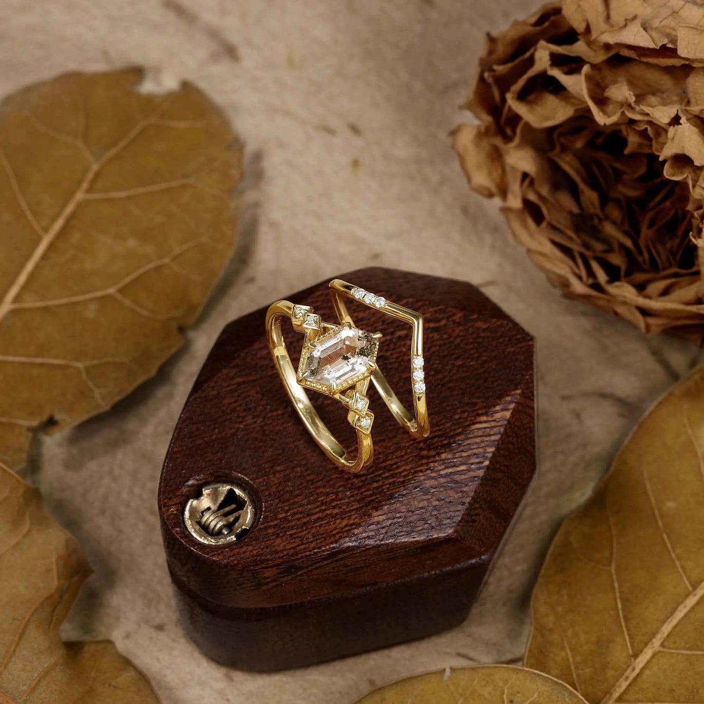 Long Hexagon Cut Herkimer Diamond Ring Set 2pcs - GemsMagic - GemsMagic