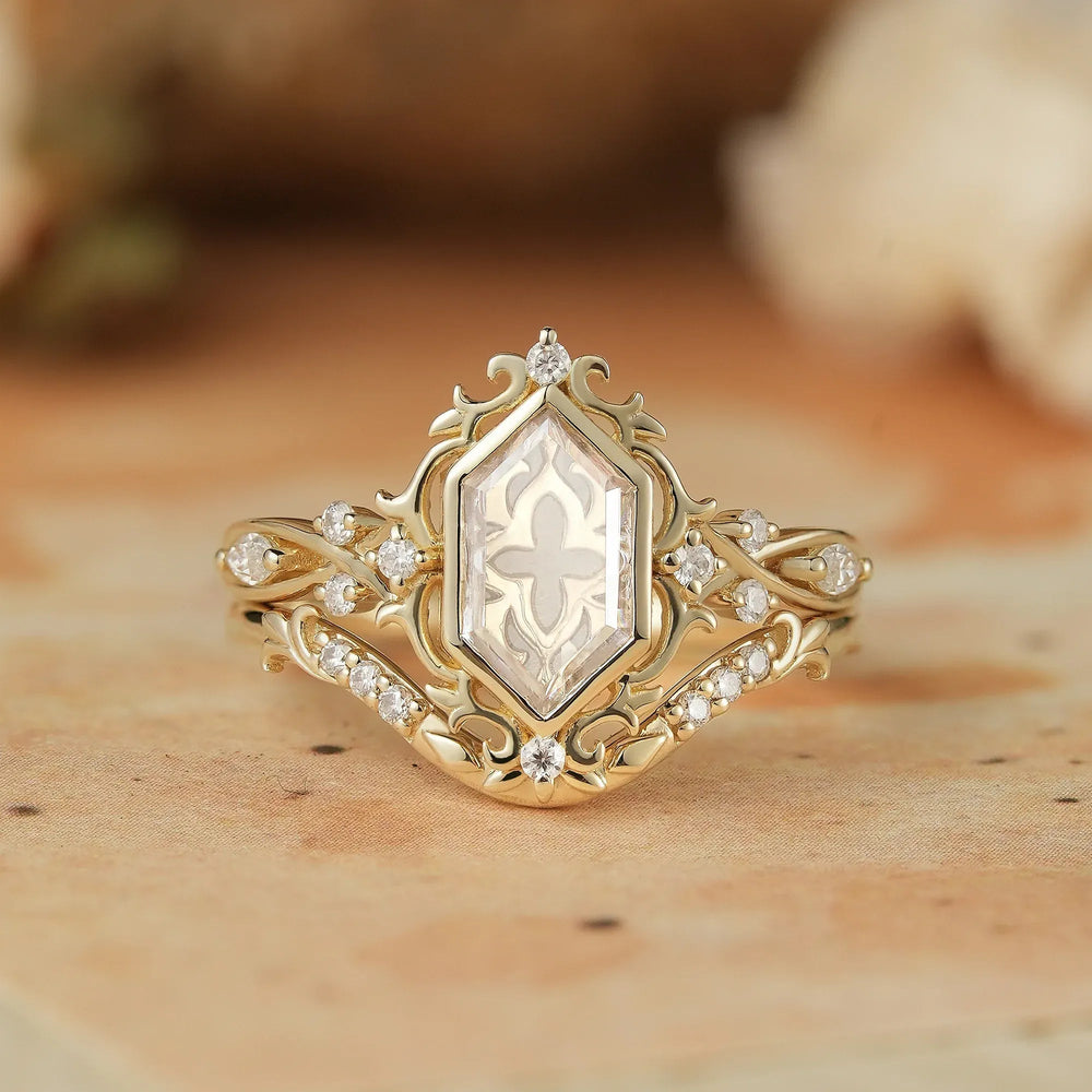 Long Hexagon Portrait Cut Moissanite Ring Set 2pcs-Calla - GemsMagic