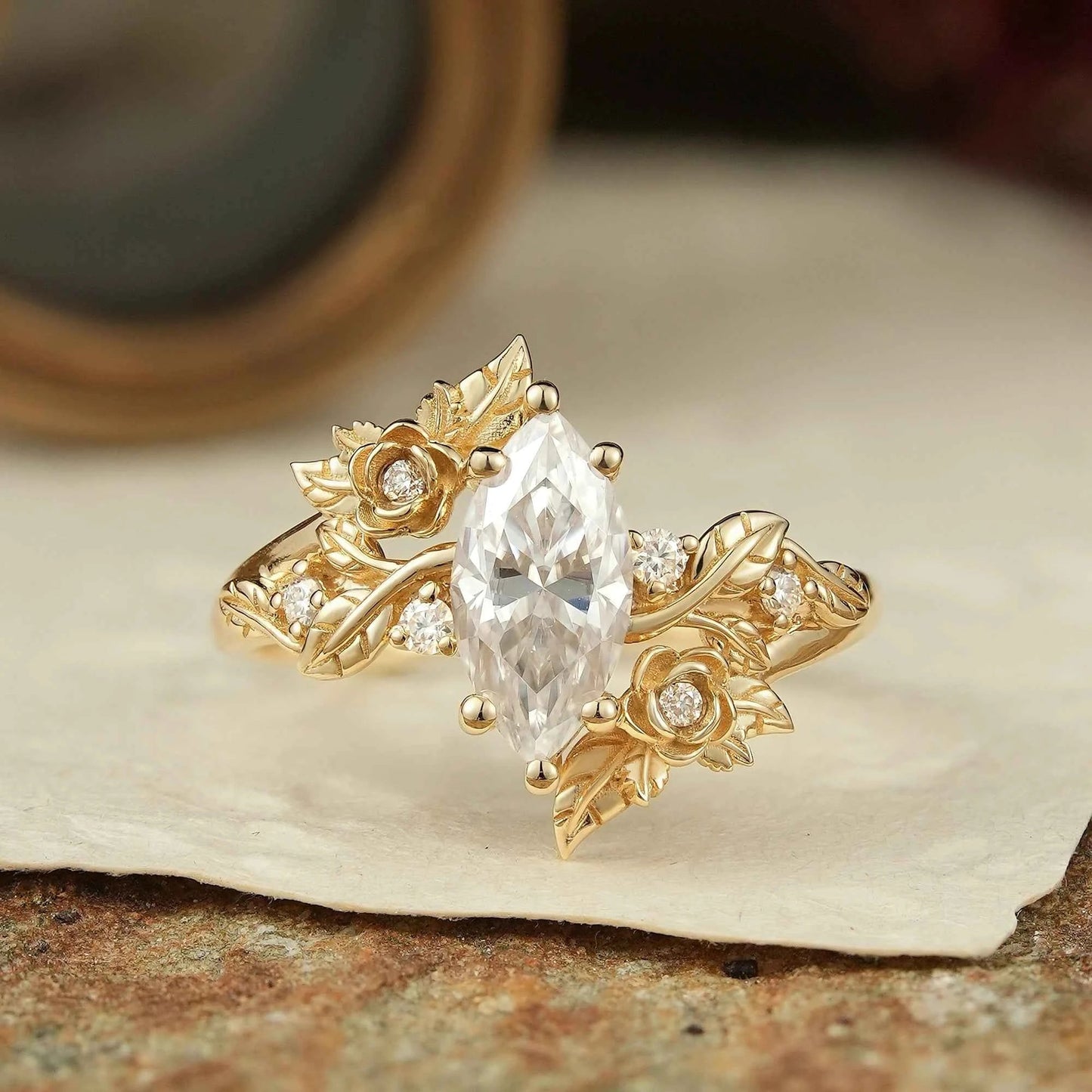 Marquise Cut Moissanite Flower Inspired Engagement Ring - Rose Blossom - GemsMagic