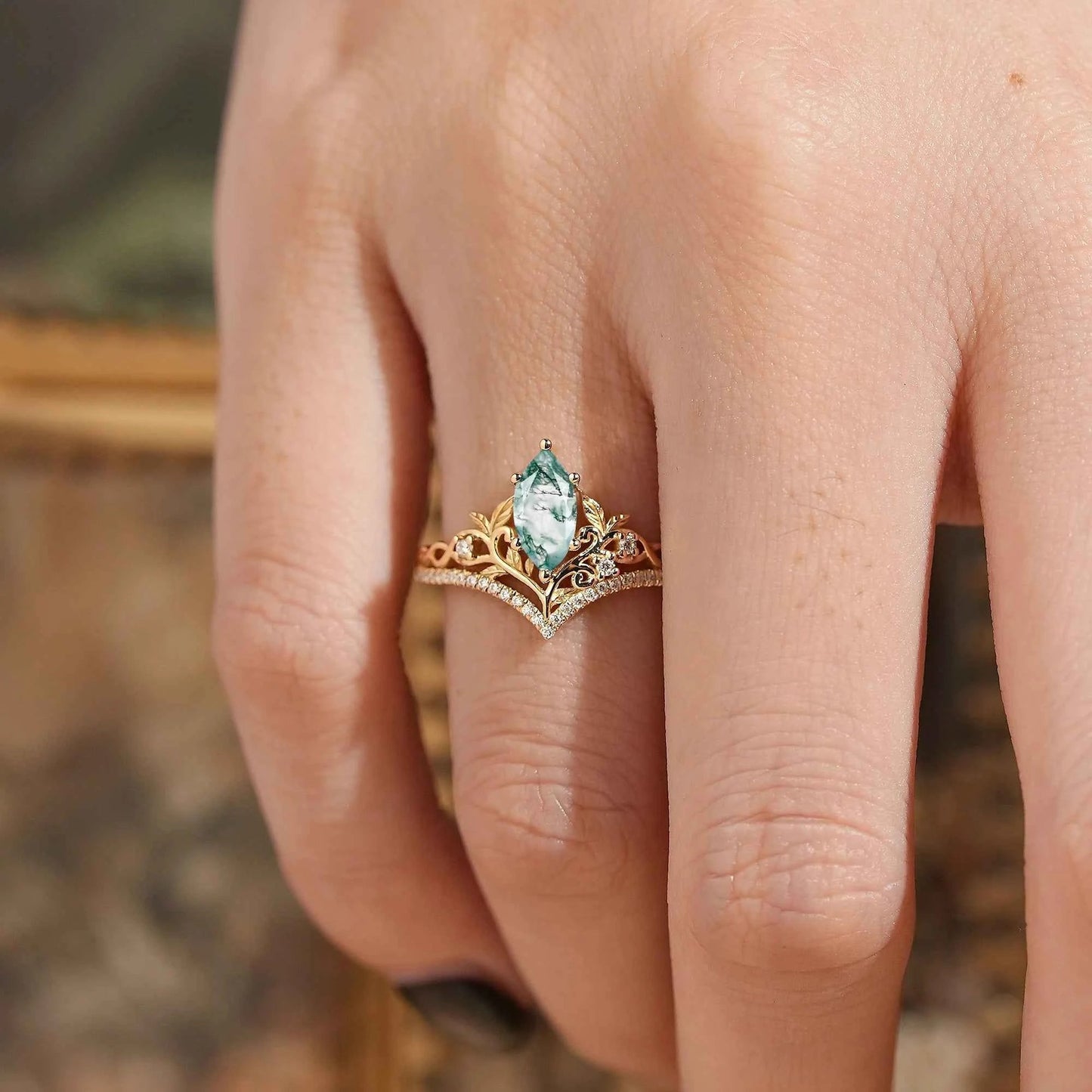 Marquise Cut Moss Agate Leaf And Vine Inspired Elven Engagement Ring - Alma - GemsMagic