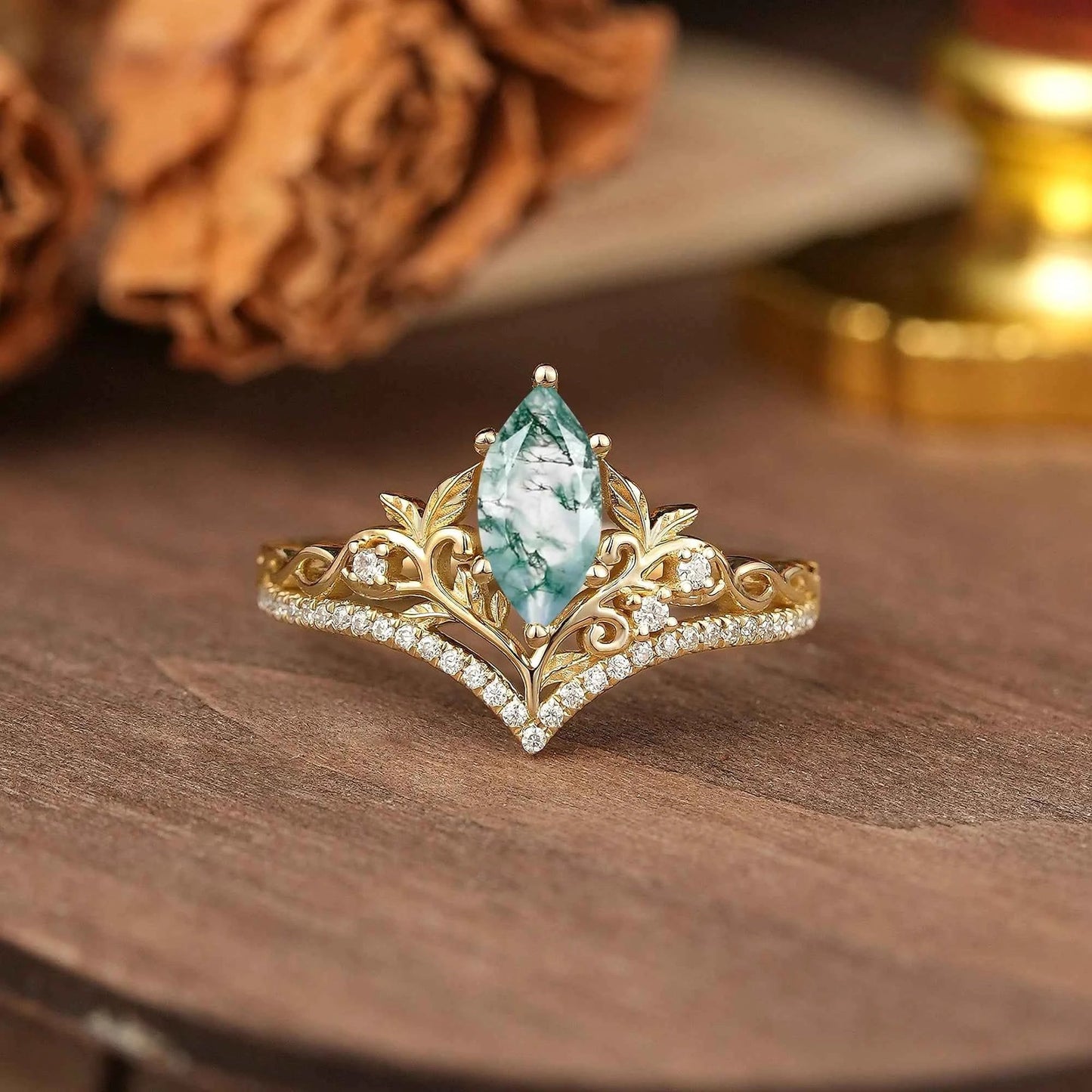 Marquise Cut Moss Agate Leaf And Vine Inspired Elven Engagement Ring - Alma - GemsMagic