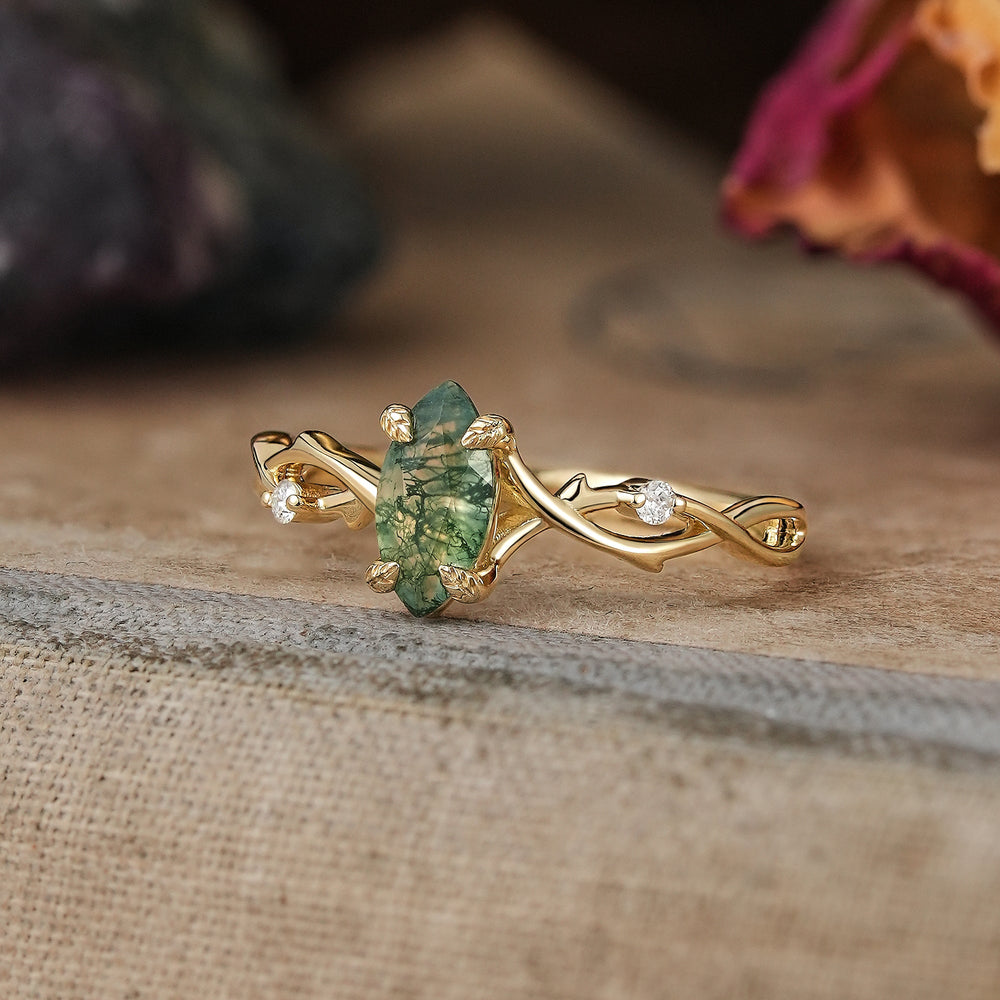 Marquise Cut Moss Agate Thorns Inspired Engagement Ring Unique Promise Ring - Briar | GemsMagic - GemsMagic
