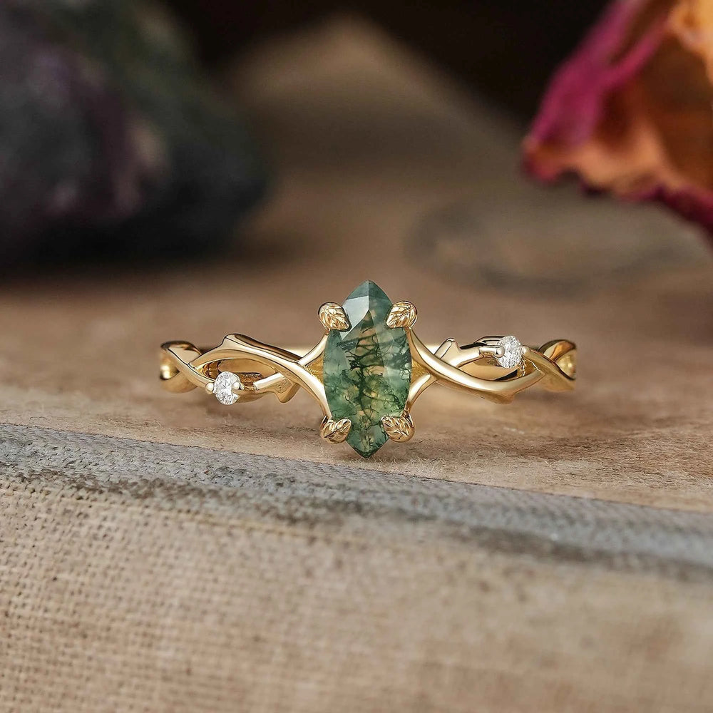 Marquise Cut Moss Agate Nature Inspired Couple Wedding Ring Set - Briar & Silas | GemsMagic