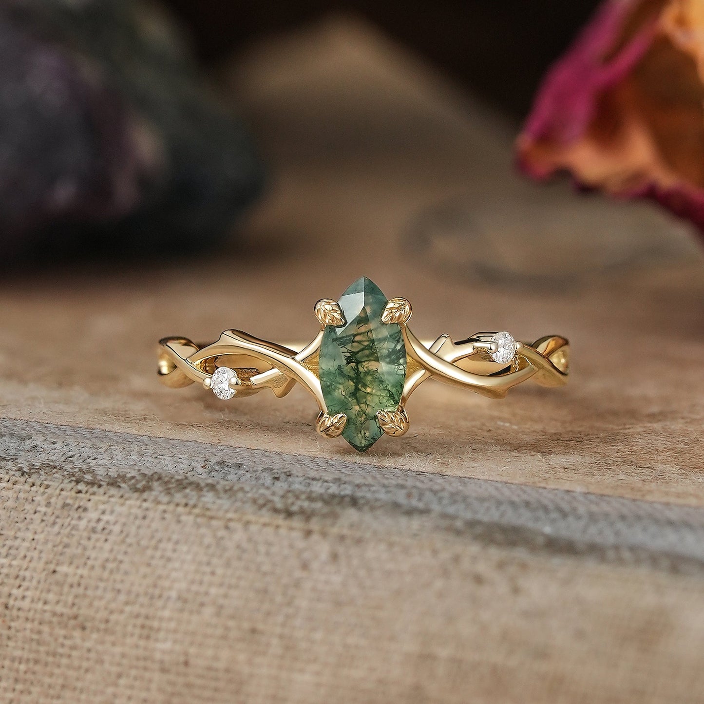 Marquise Cut Moss Agate Thorns Inspired Engagement Ring Unique Promise Ring - Briar | GemsMagic - GemsMagic