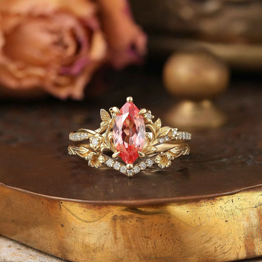 Marquise Cut Padparadscha Nature Inspired Bridal Ring Set - Ella