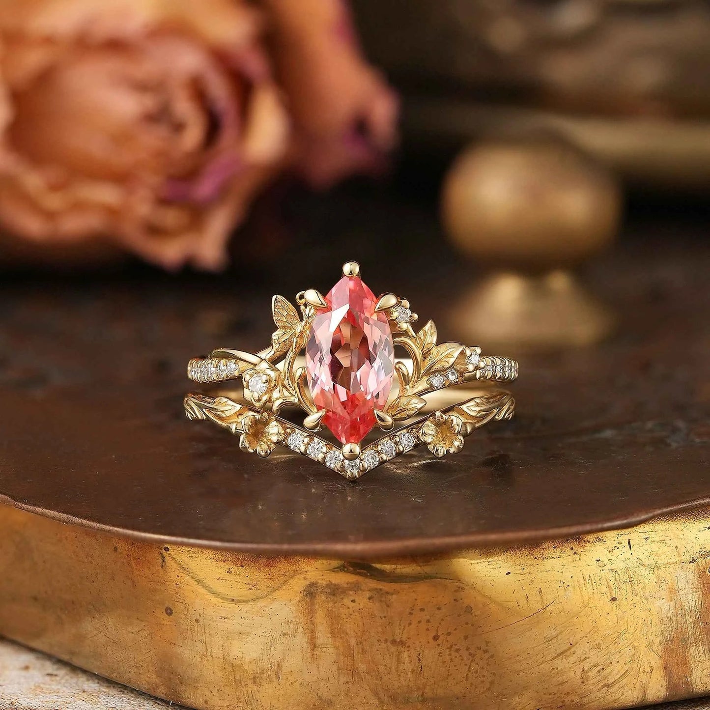 Marquise Cut Padparadscha Nature Inspired Bridal Ring Set - Ella - GemsMagic